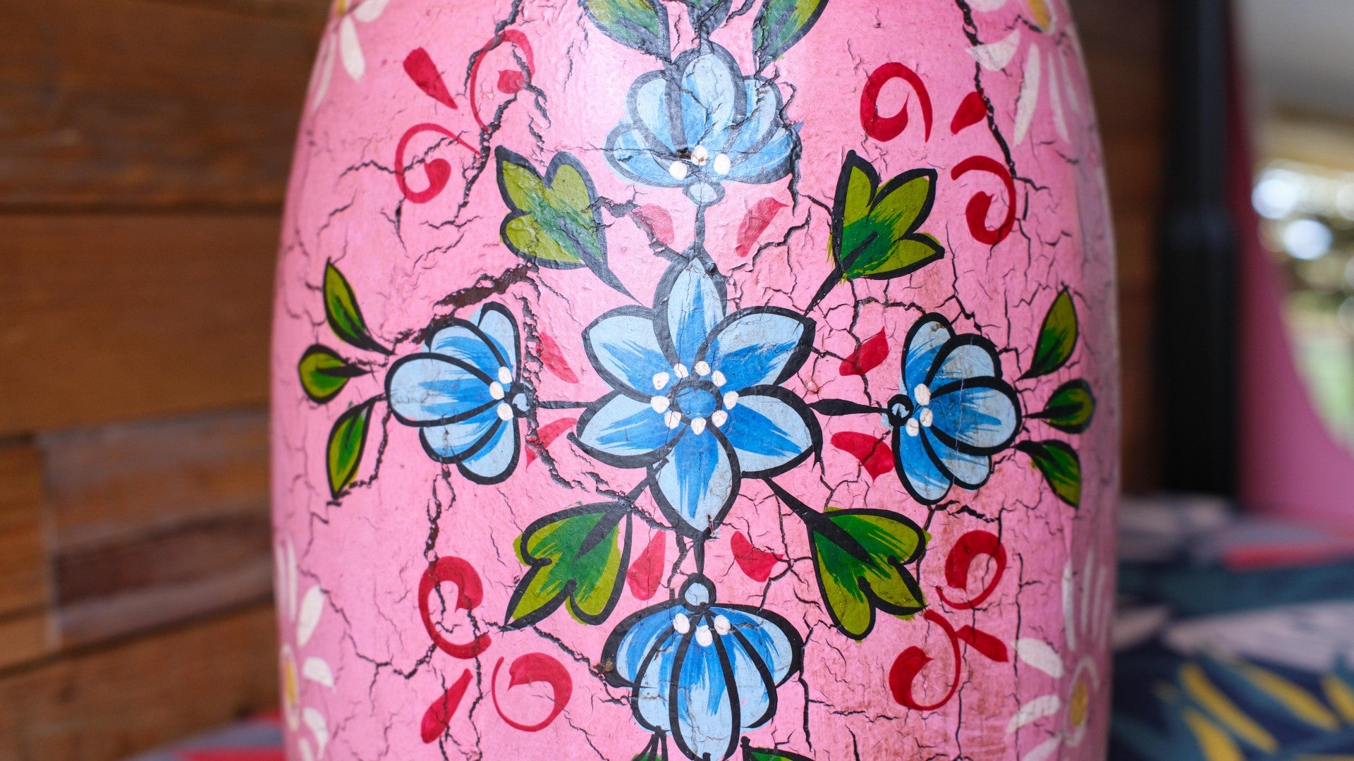 Hand-Painted Pink Large Indian Wooden Pot – Boho Folk Art Vase
