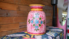 Hand-Painted Pink Large Indian Wooden Pot – Boho Folk Art Vase