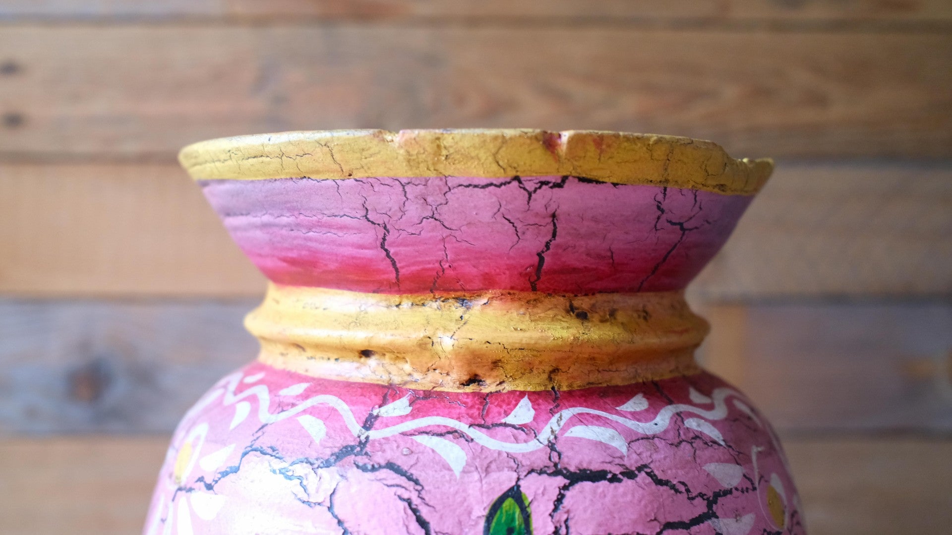 Hand-Painted Pink Large Indian Wooden Pot – Boho Folk Art Vase