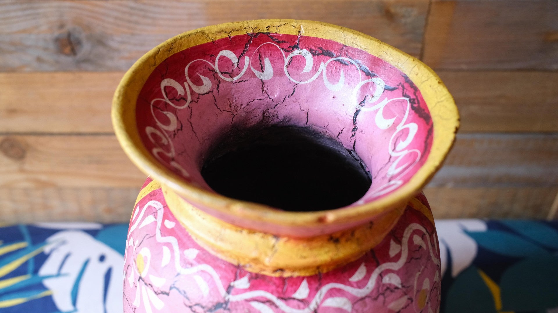 Hand-Painted Pink Large Indian Wooden Pot – Boho Folk Art Vase