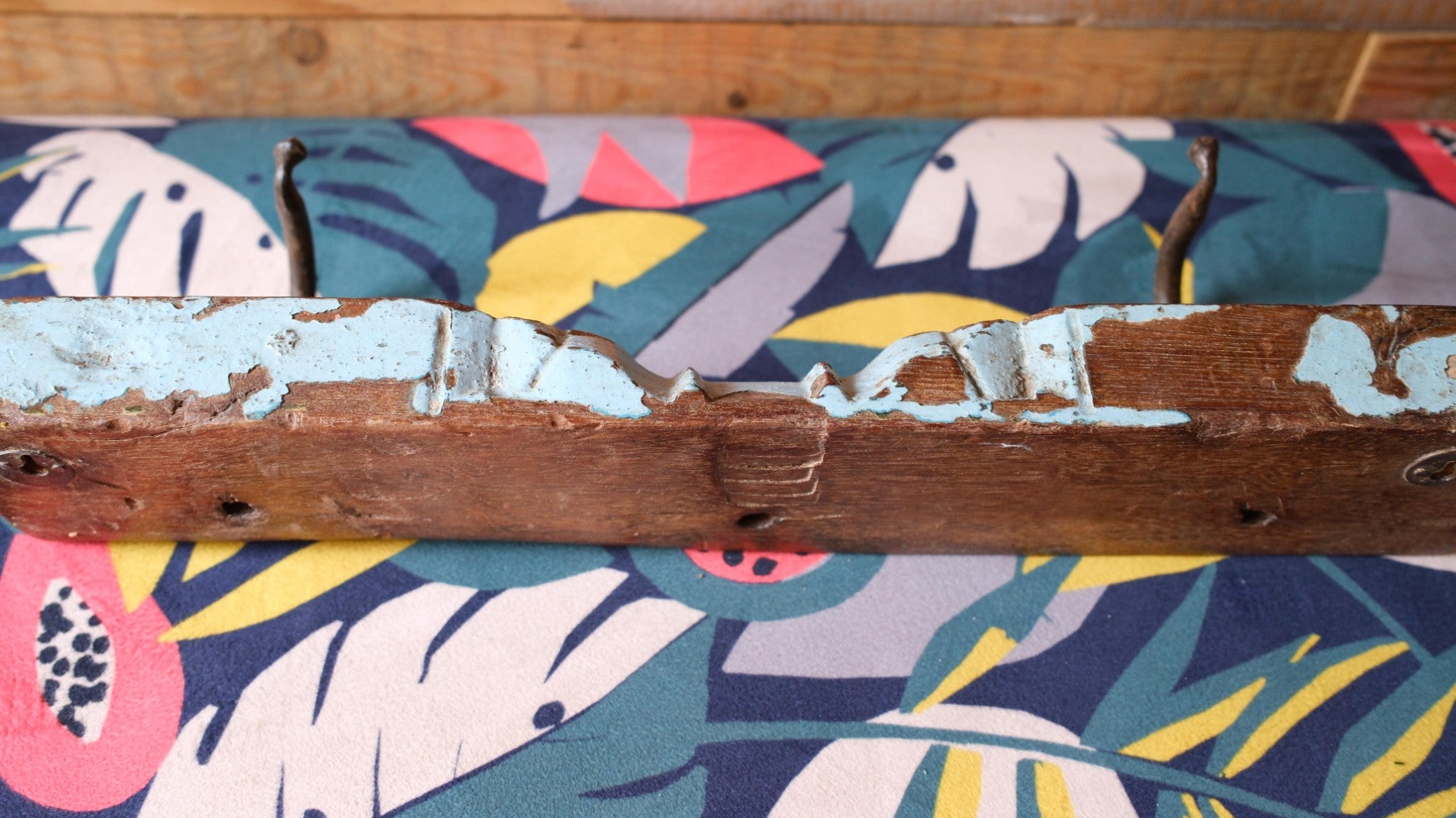 Vintage Blue Indian Wall Hooks – Rustic Reclaimed Wood Coat Rack