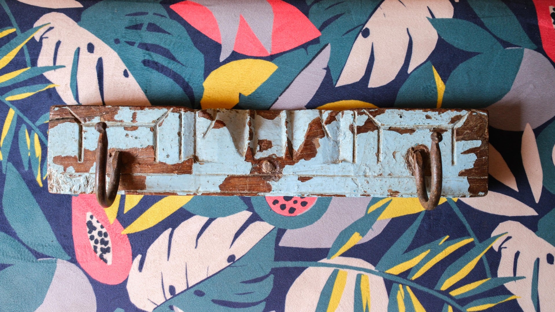 Vintage Blue Indian Wall Hooks – Rustic Reclaimed Wood Coat Rack