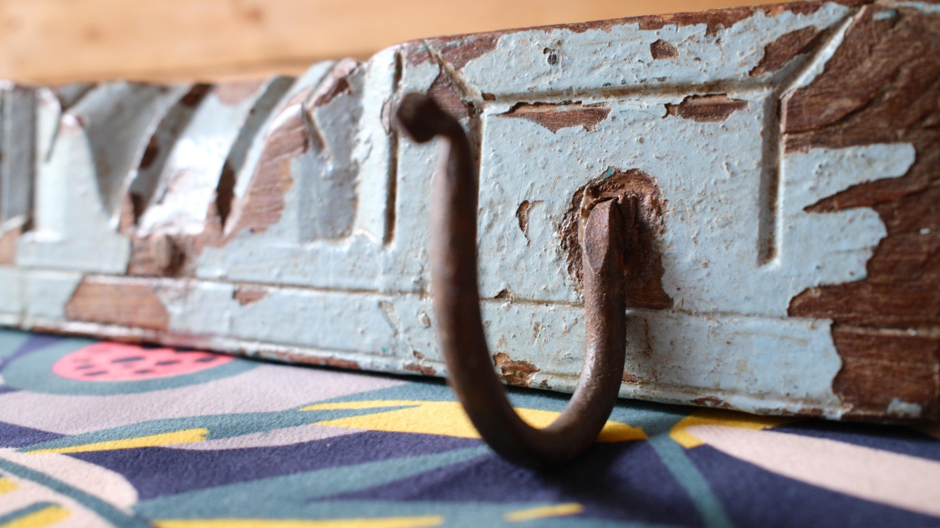 Vintage Blue Indian Wall Hooks – Rustic Reclaimed Wood Coat Rack