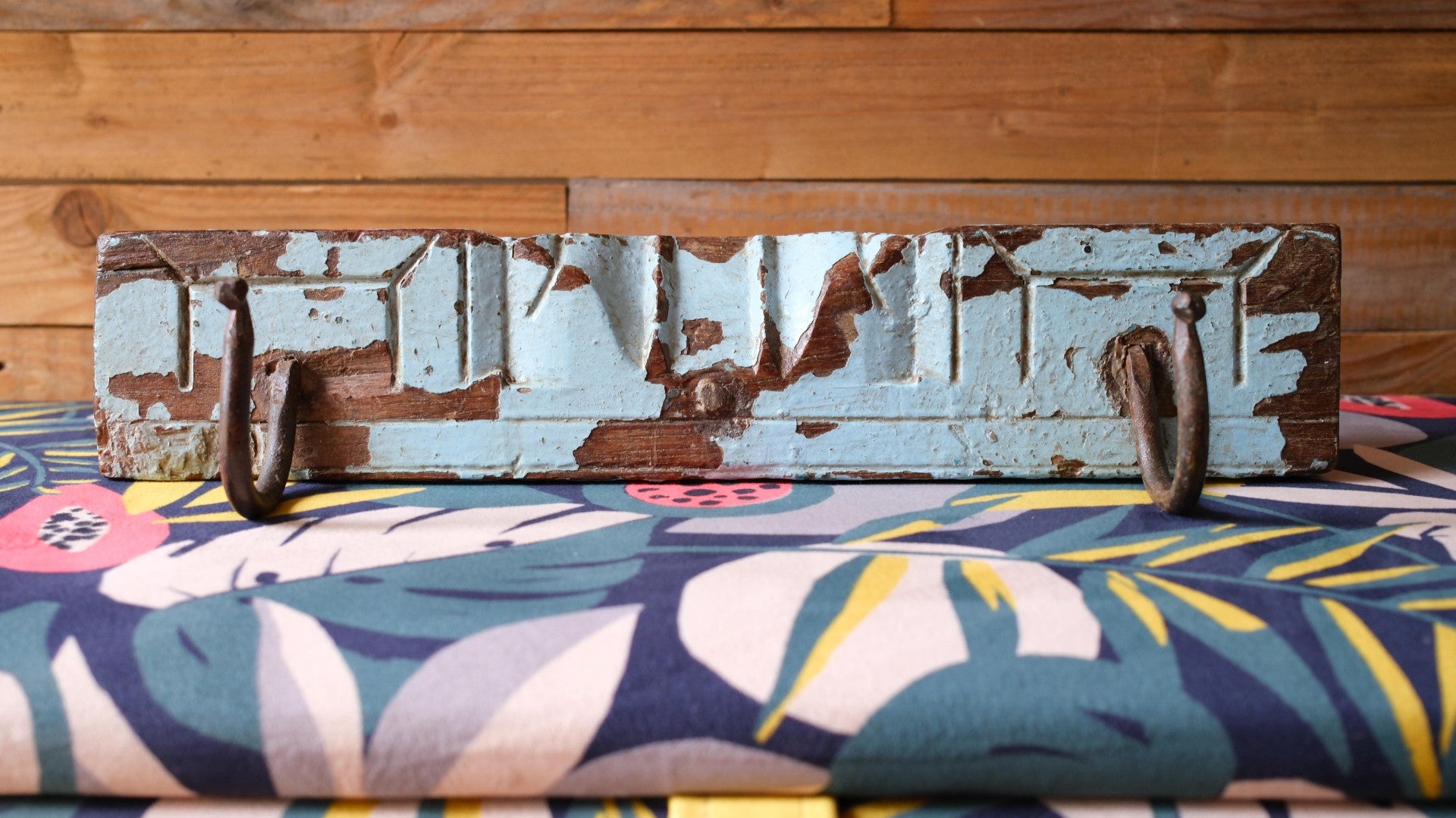 Vintage Blue Indian Wall Hooks – Rustic Reclaimed Wood Coat Rack