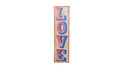Wooden sign with 'LOVE' in colorful letters on a white background