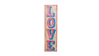 Wooden sign with 'LOVE' in colorful letters on a white background