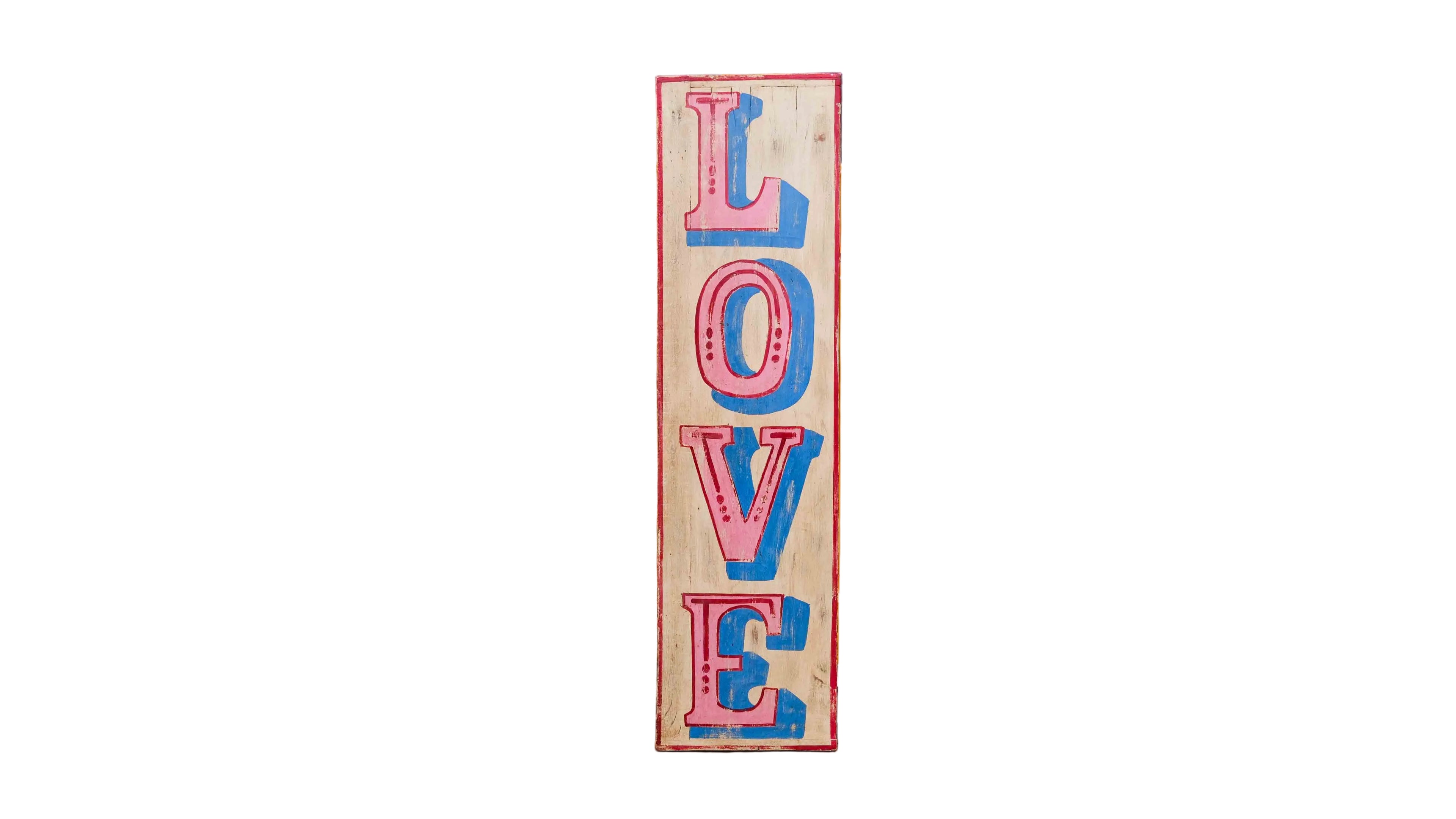 Wooden sign with 'LOVE' in colorful letters on a white background
