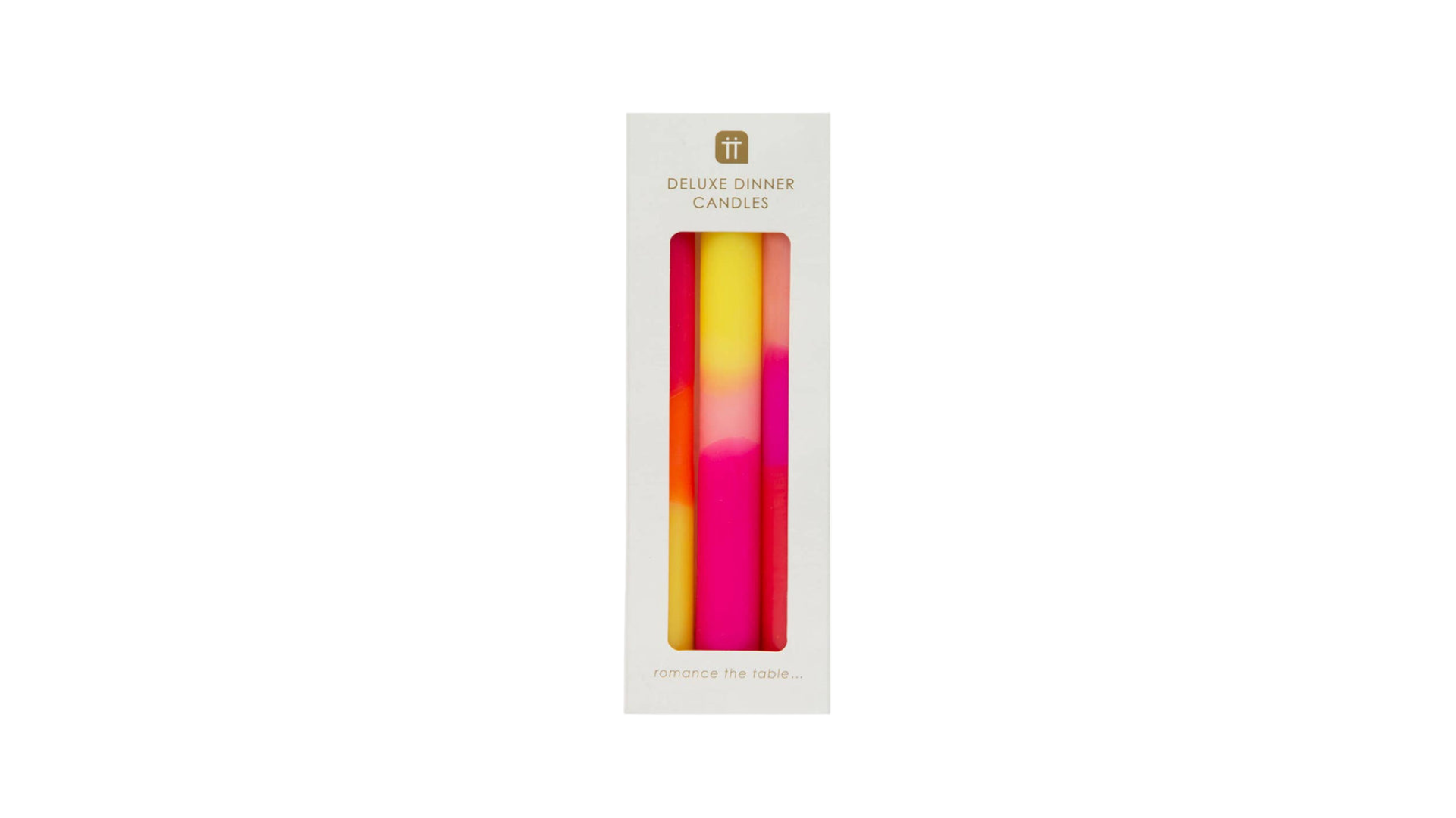 Packaged set of colorful candles with a white background