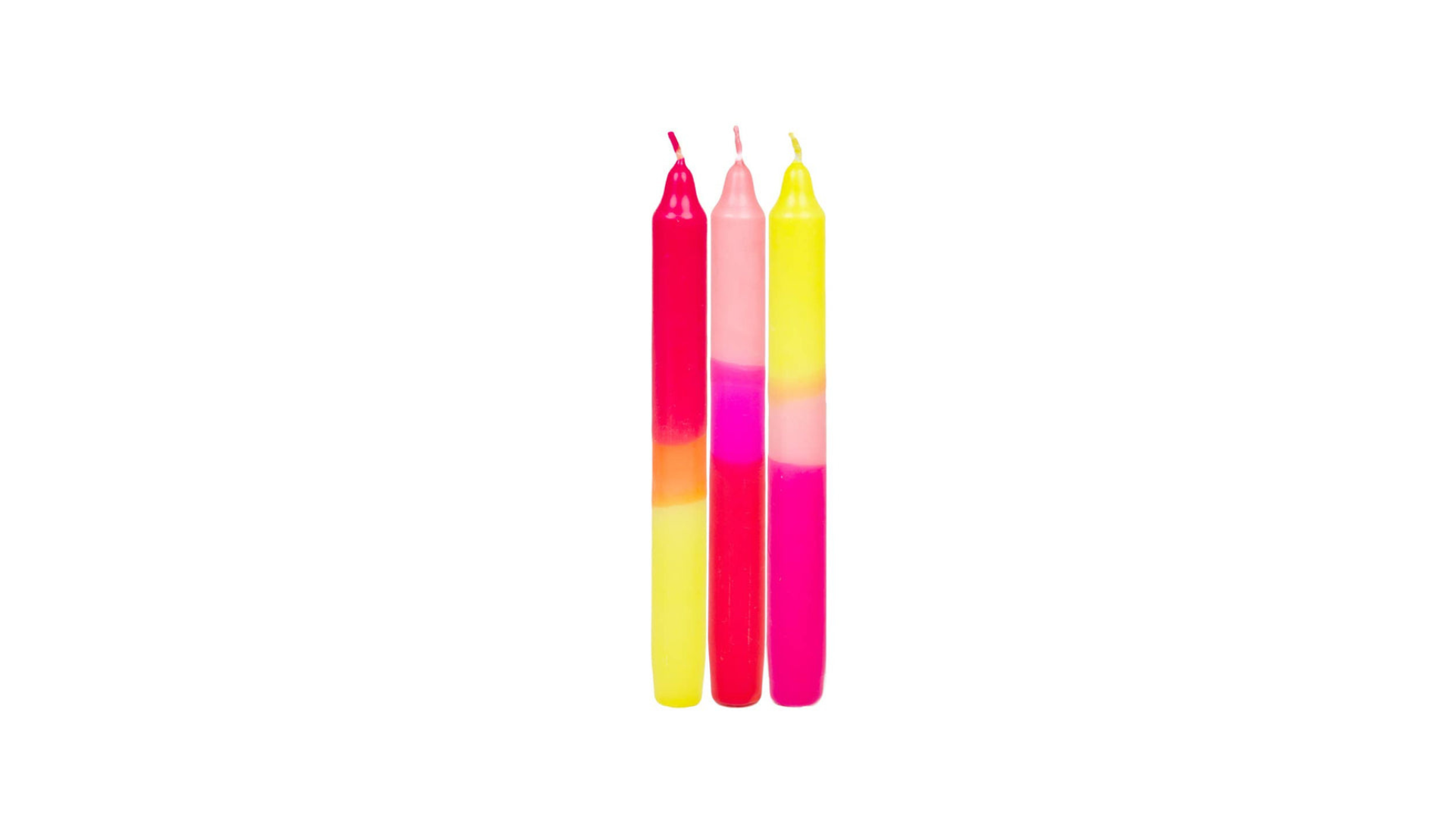 Three colorful candles with gradient patterns on a white background