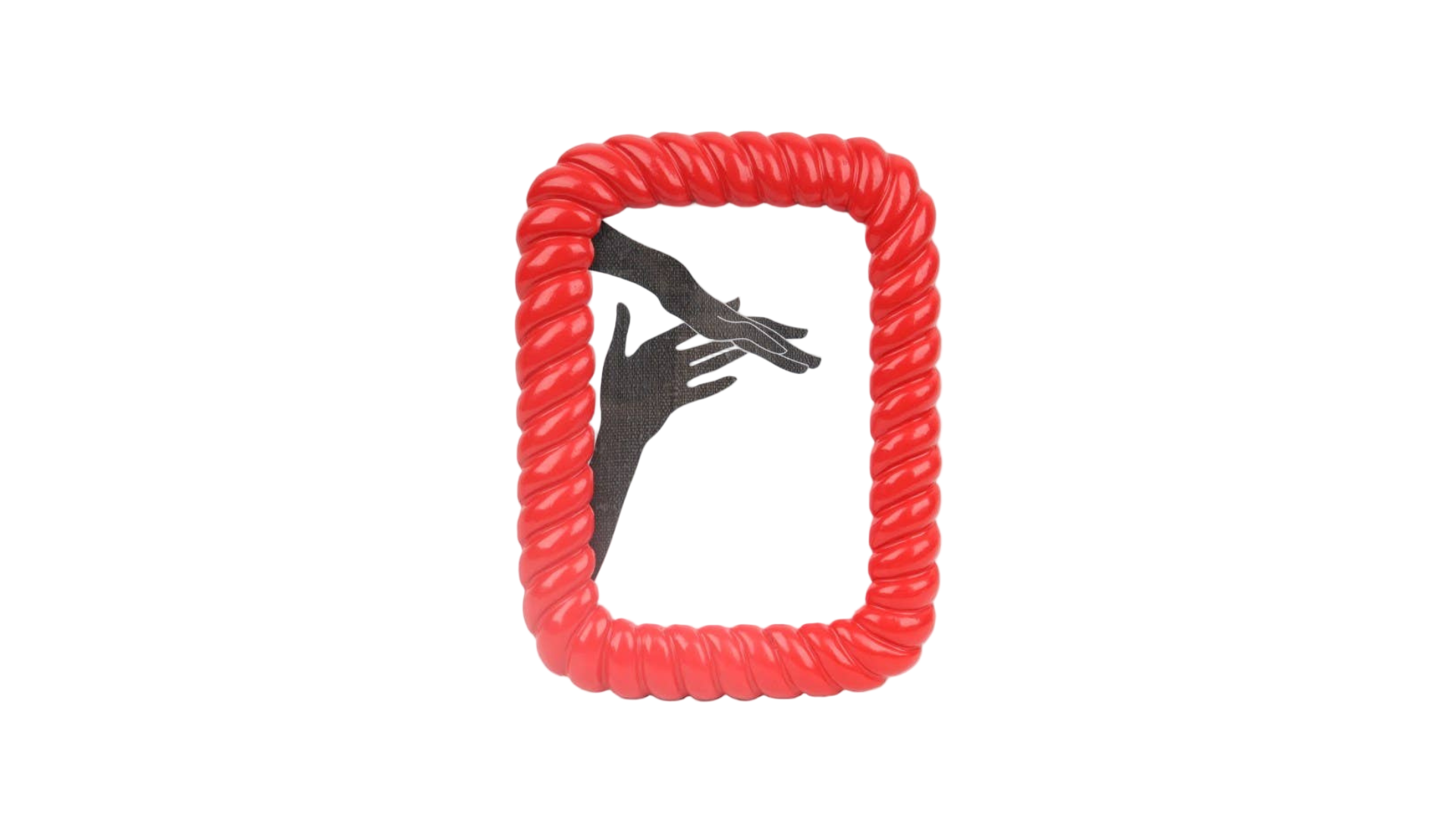 Red twisted photo frame with a black silhouette of a hand on a white background