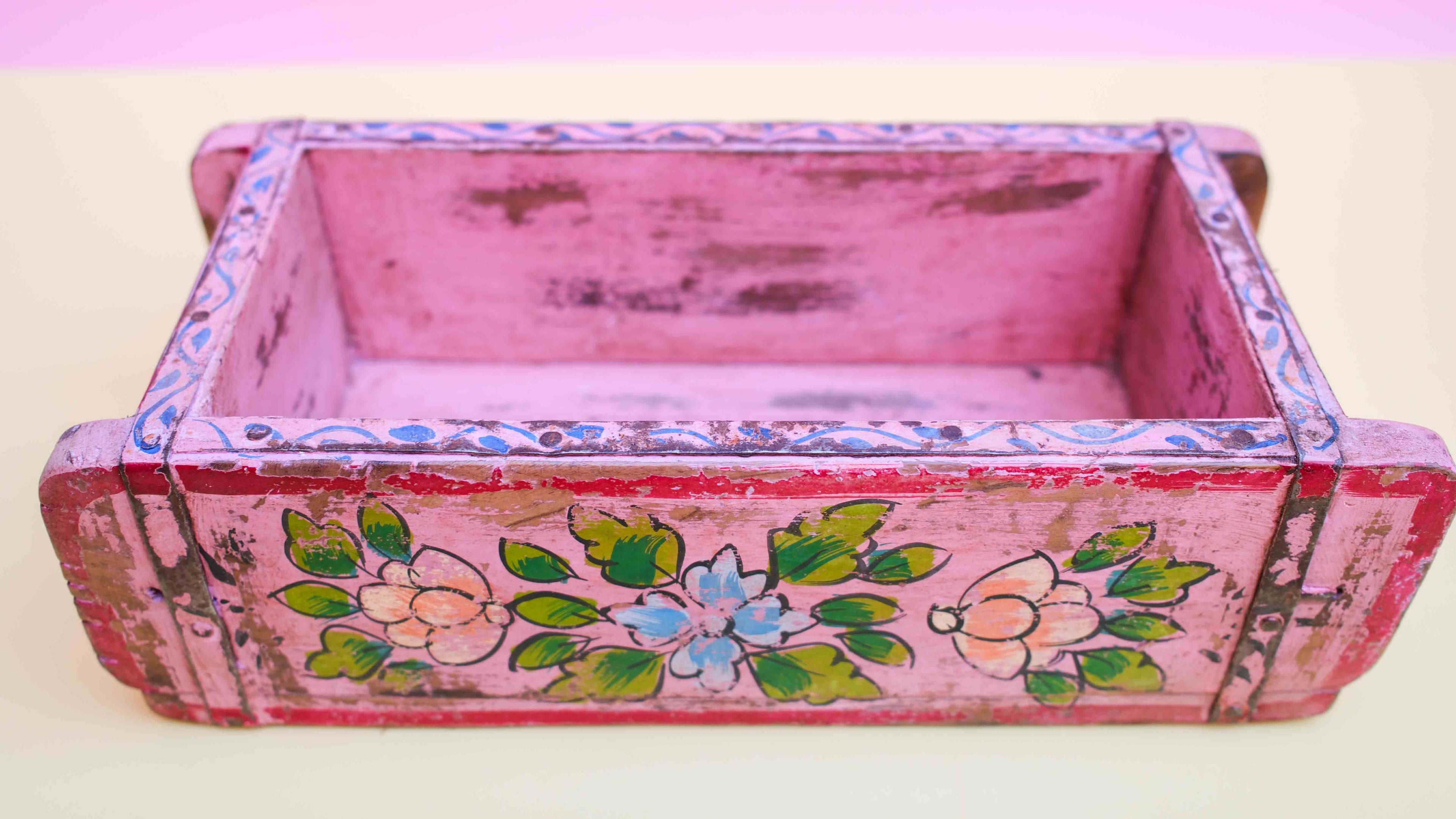 Pink Indian Wooden Brick Mould – Hand-Painted Floral Decorative Storage