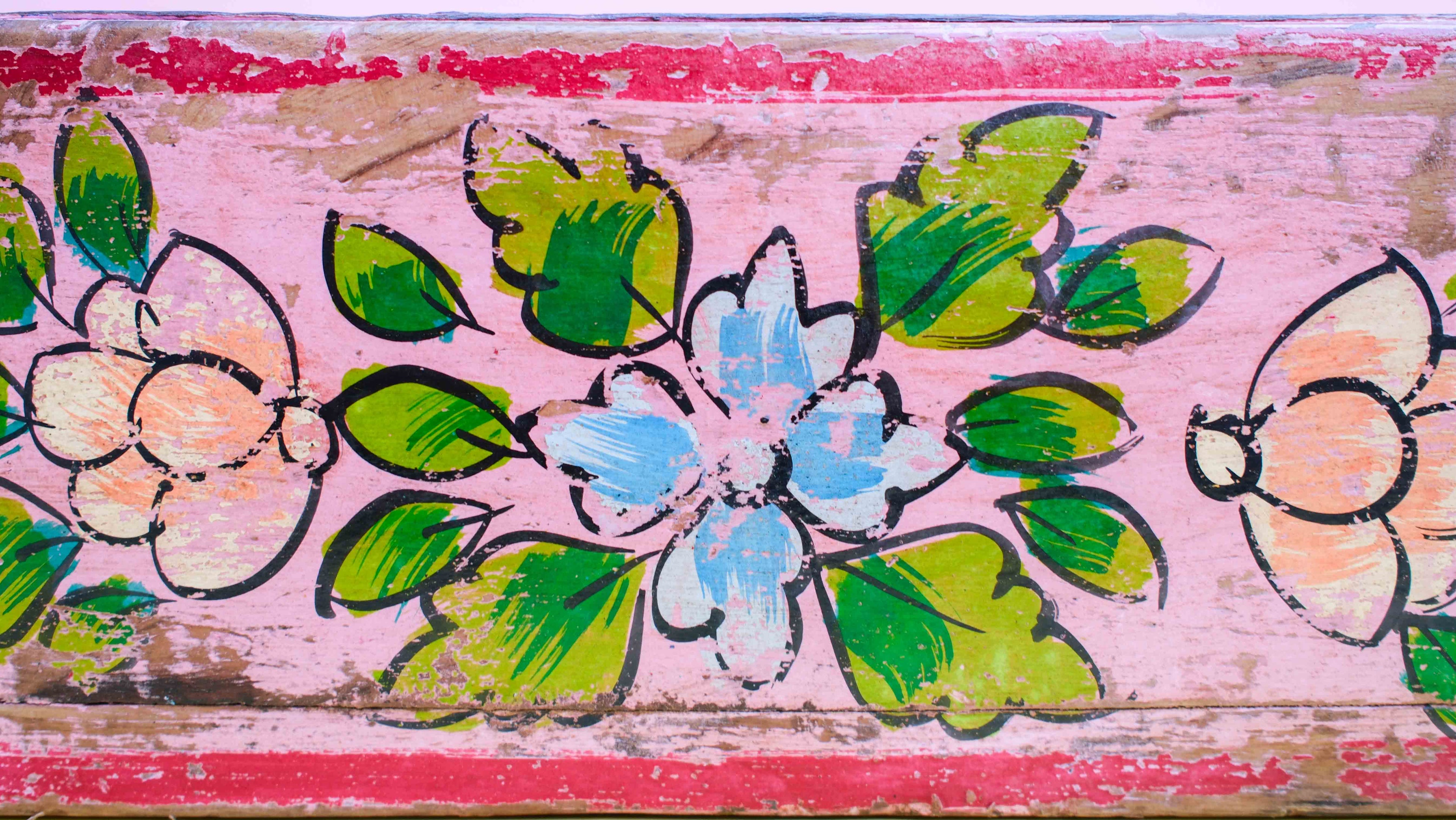 Pink Indian Wooden Brick Mould – Hand-Painted Floral Decorative Storage
