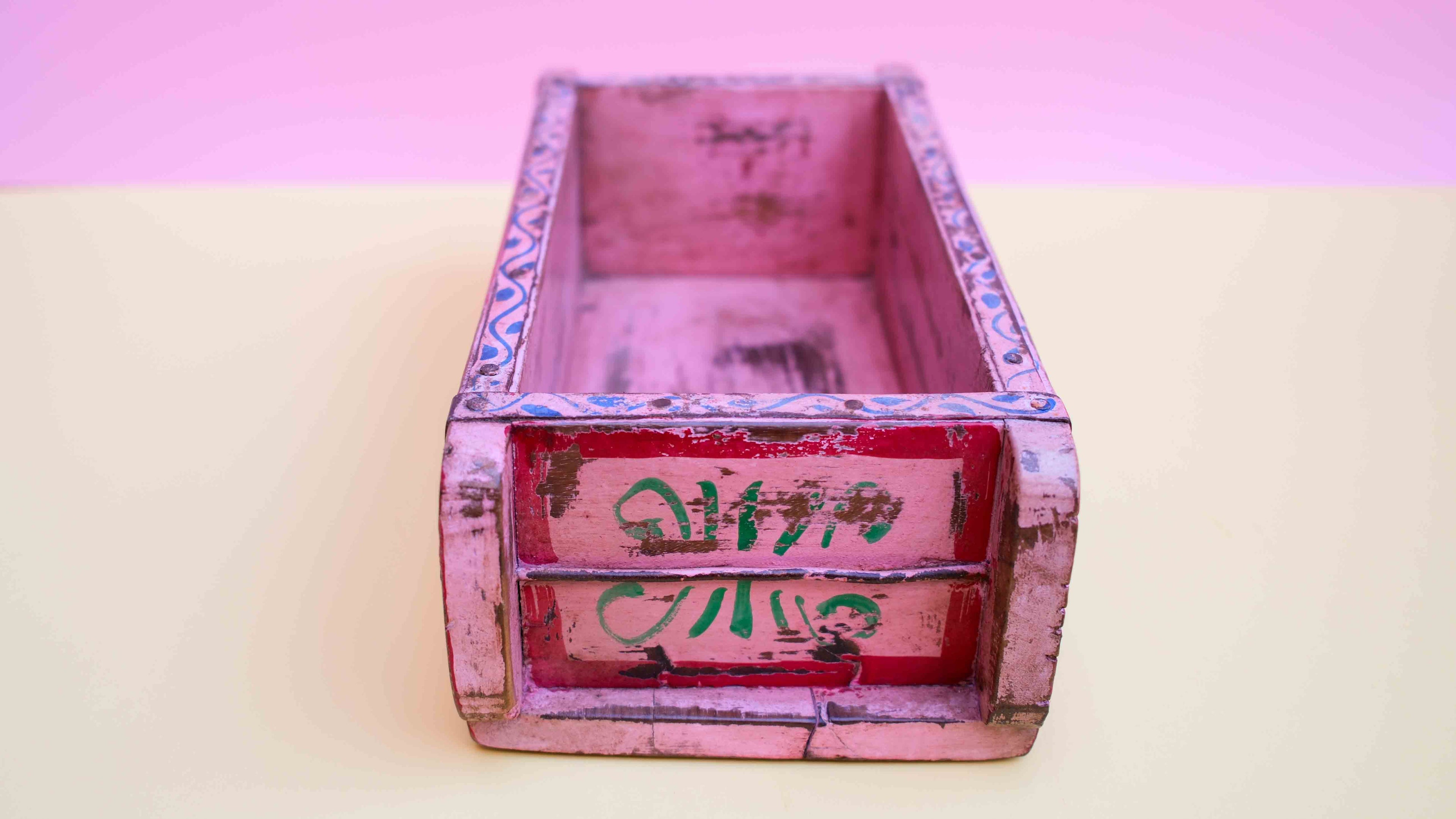 Pink Indian Wooden Brick Mould – Hand-Painted Floral Decorative Storage