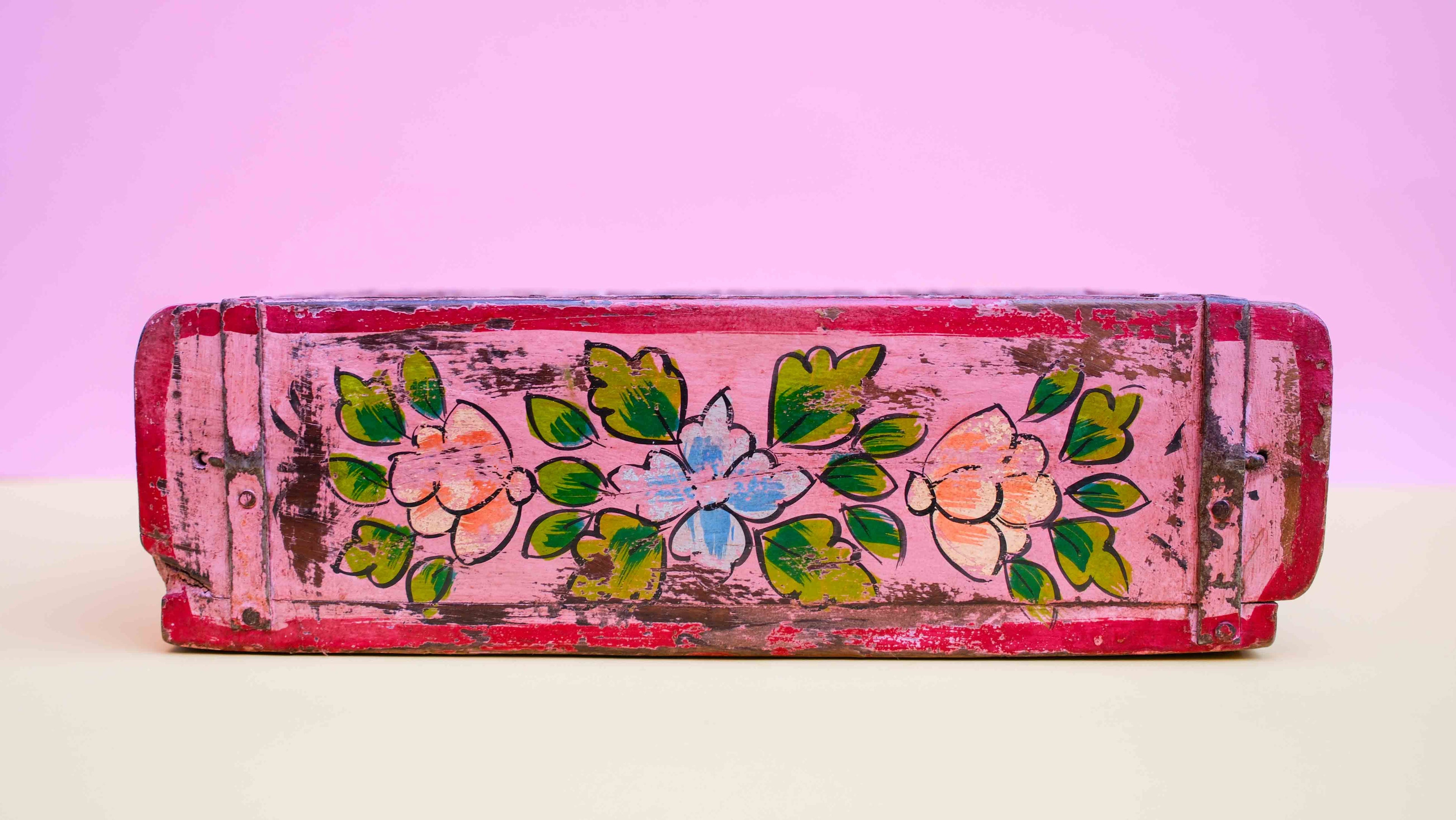 Pink Indian Wooden Brick Mould – Hand-Painted Floral Decorative Storage