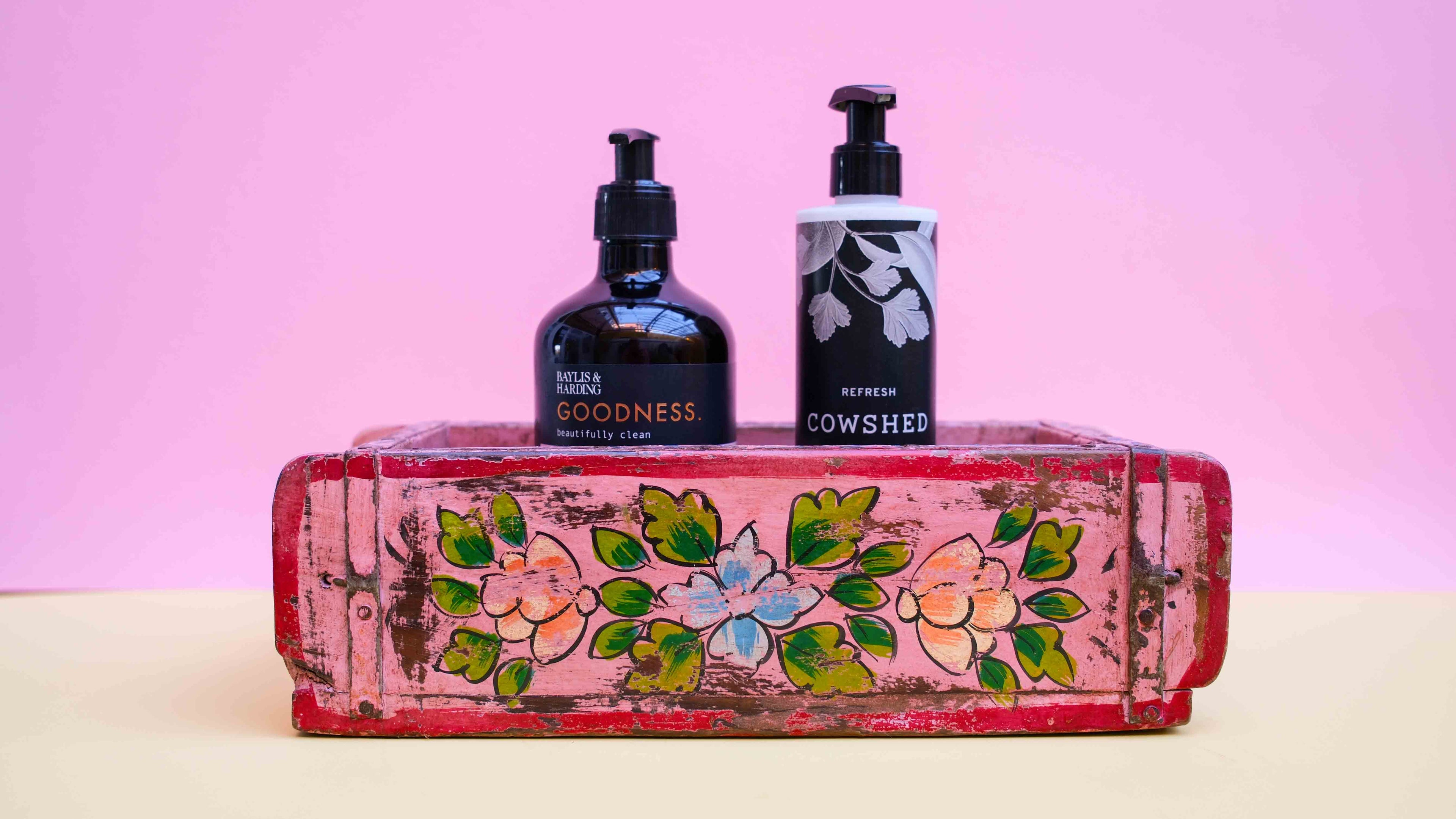 Pink Indian Wooden Brick Mould – Hand-Painted Floral Decorative Storage