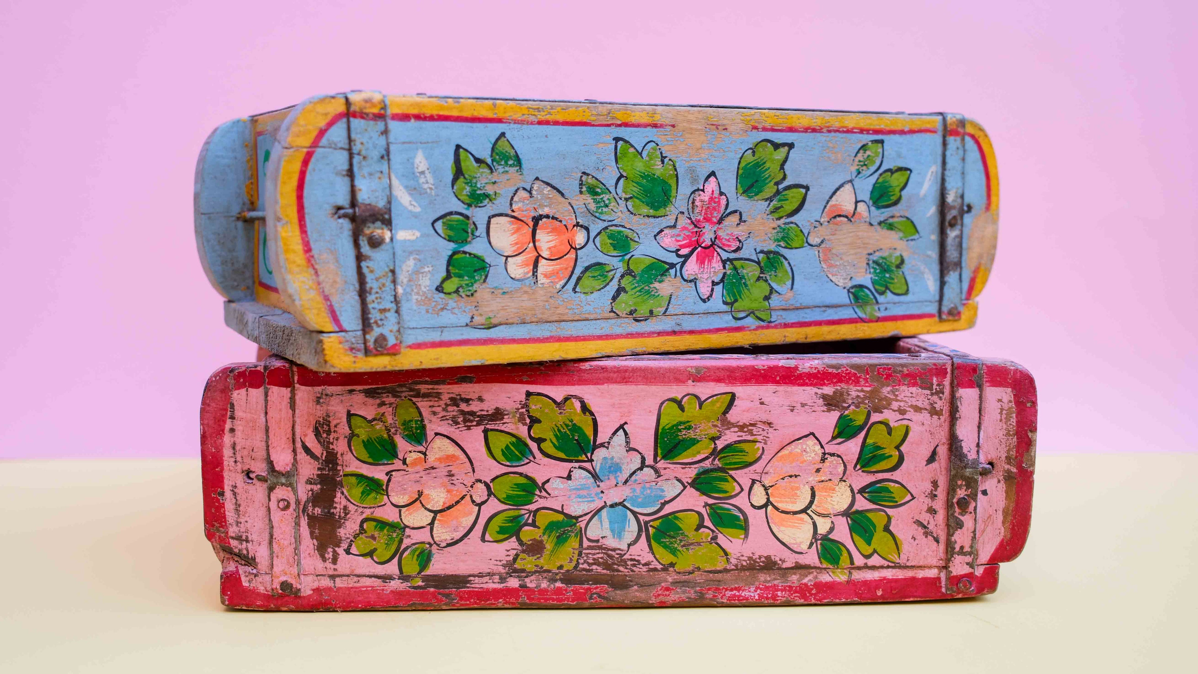 Pink Indian Wooden Brick Mould – Hand-Painted Floral Decorative Storage