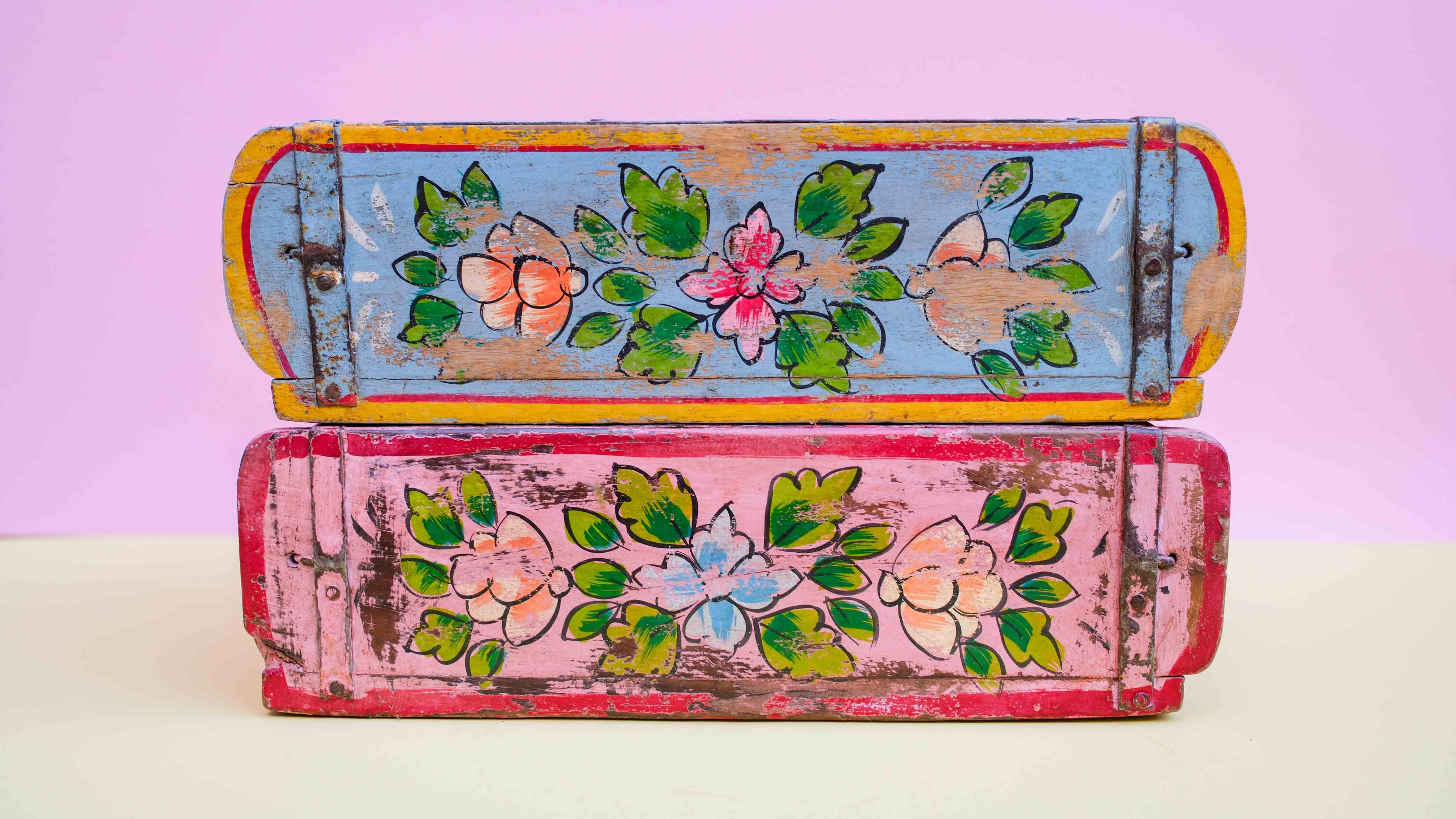 Pink Indian Wooden Brick Mould – Hand-Painted Floral Decorative Storage