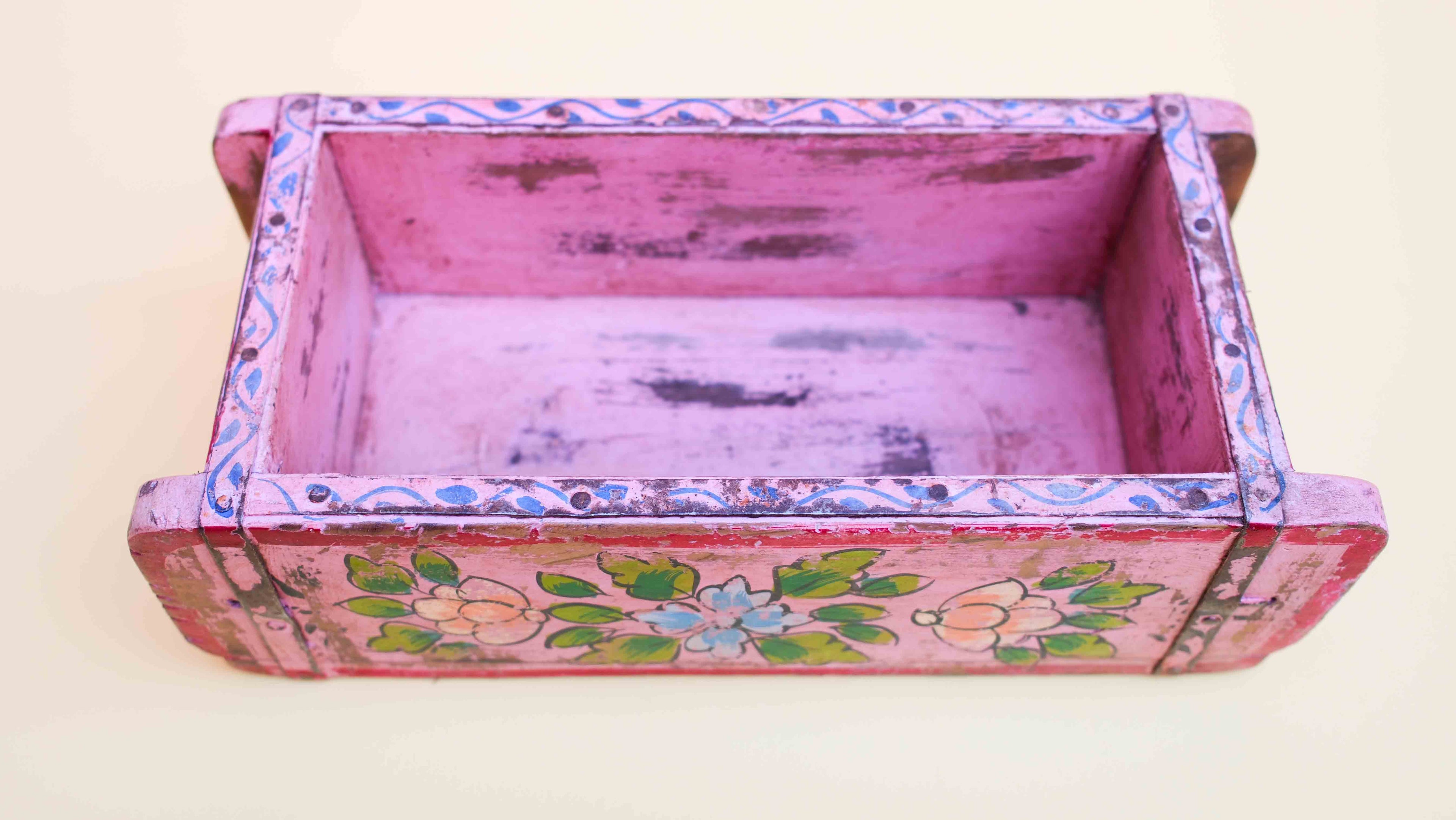 Pink Indian Wooden Brick Mould – Hand-Painted Floral Decorative Storage