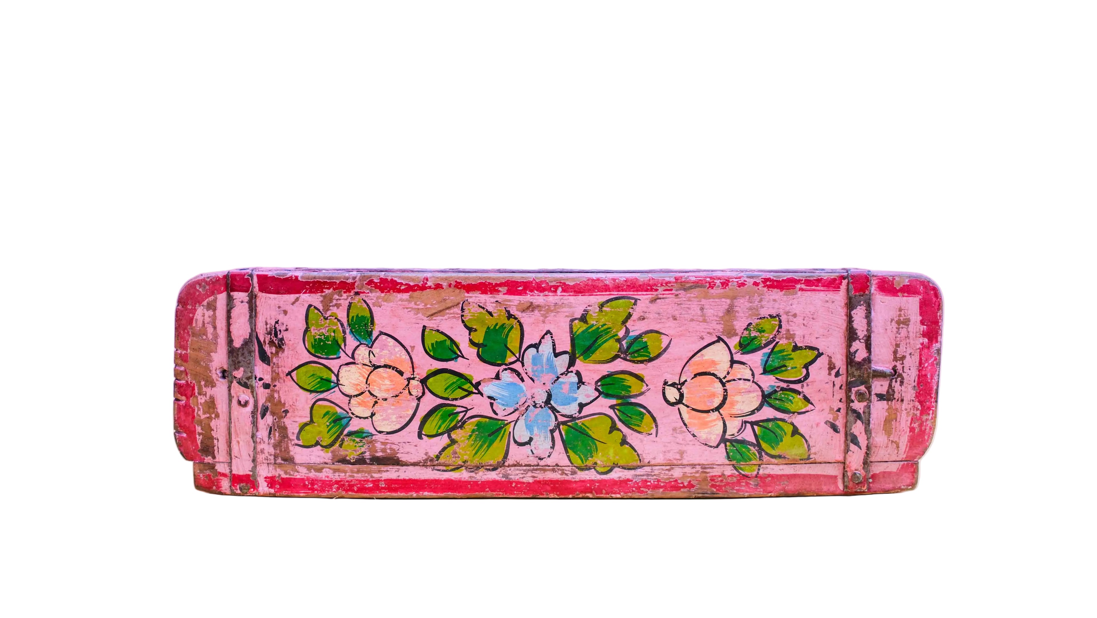 Pink Indian Wooden Brick Mould – Hand-Painted Floral Decorative Storage