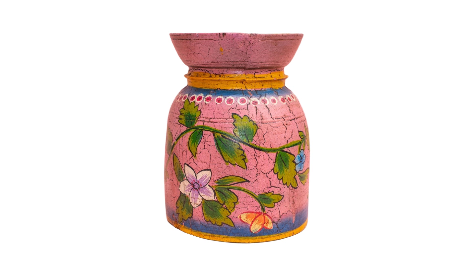 Hand-Painted Pink Indian Wooden Pot – Boho Folk Art Vase