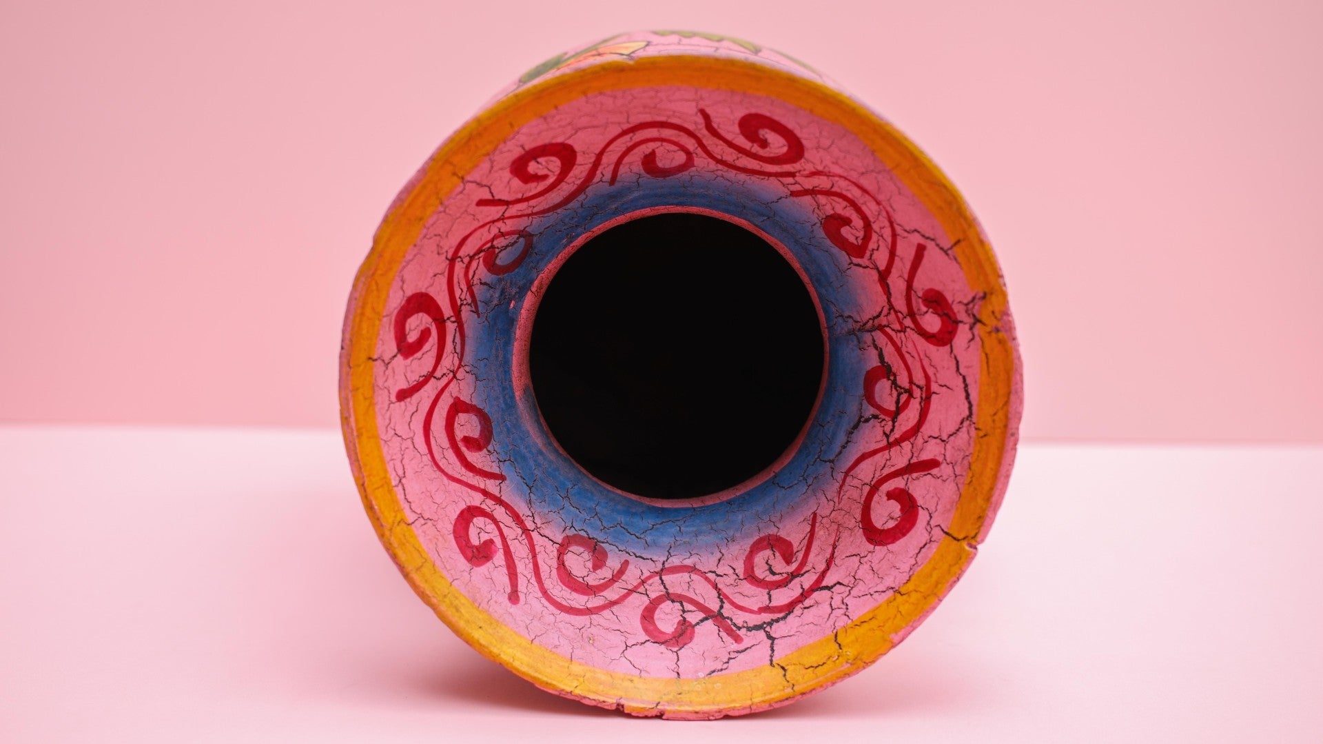 Hand-Painted Pink Indian Wooden Pot – Boho Folk Art Vase