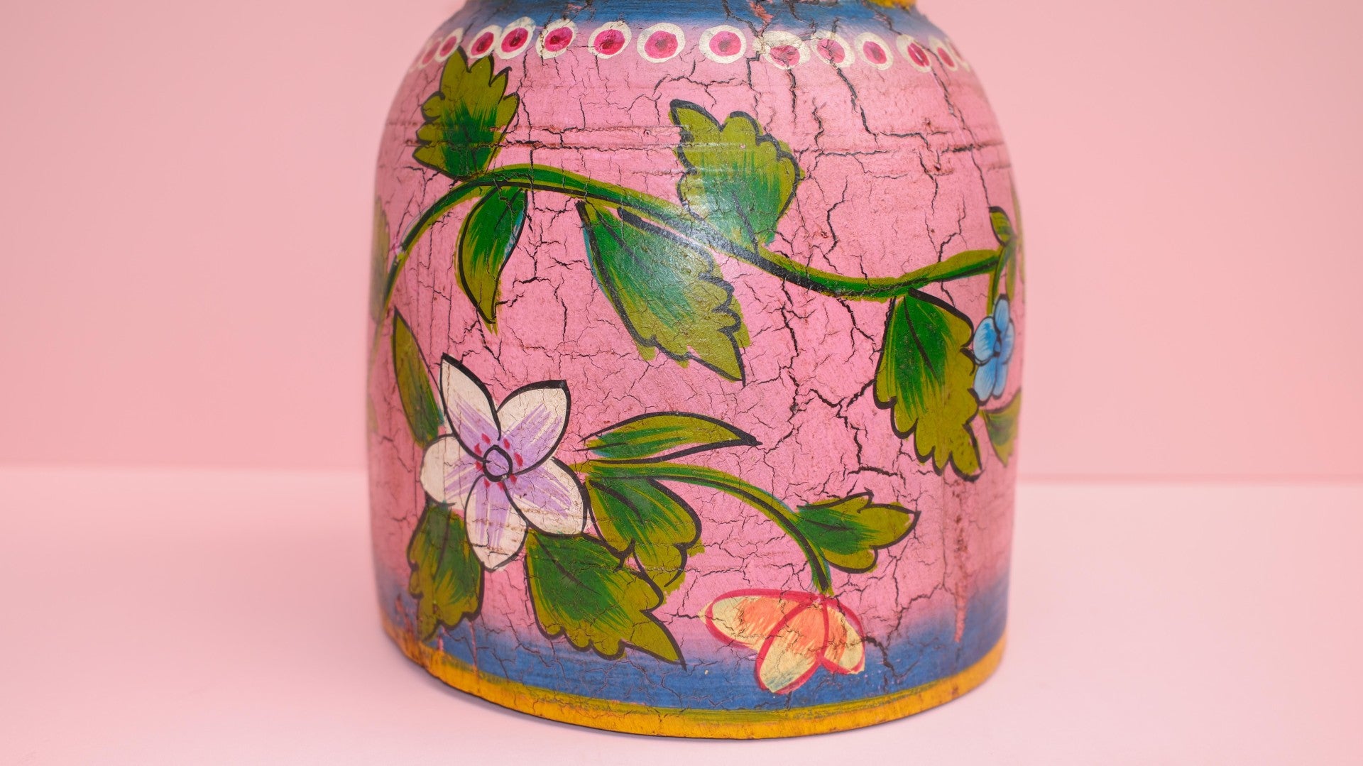 Hand-Painted Pink Indian Wooden Pot – Boho Folk Art Vase