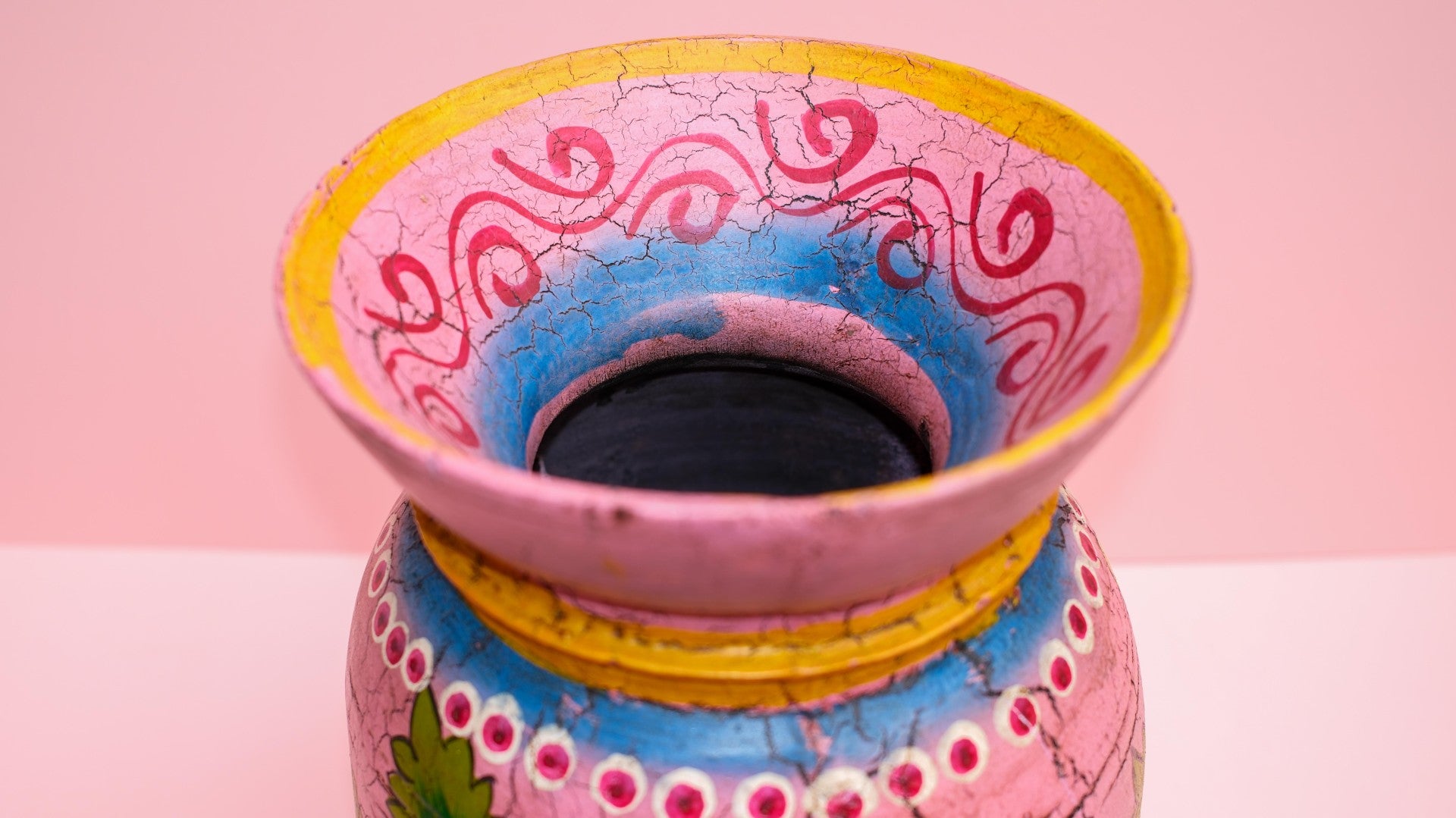 Hand-Painted Pink Indian Wooden Pot – Boho Folk Art Vase