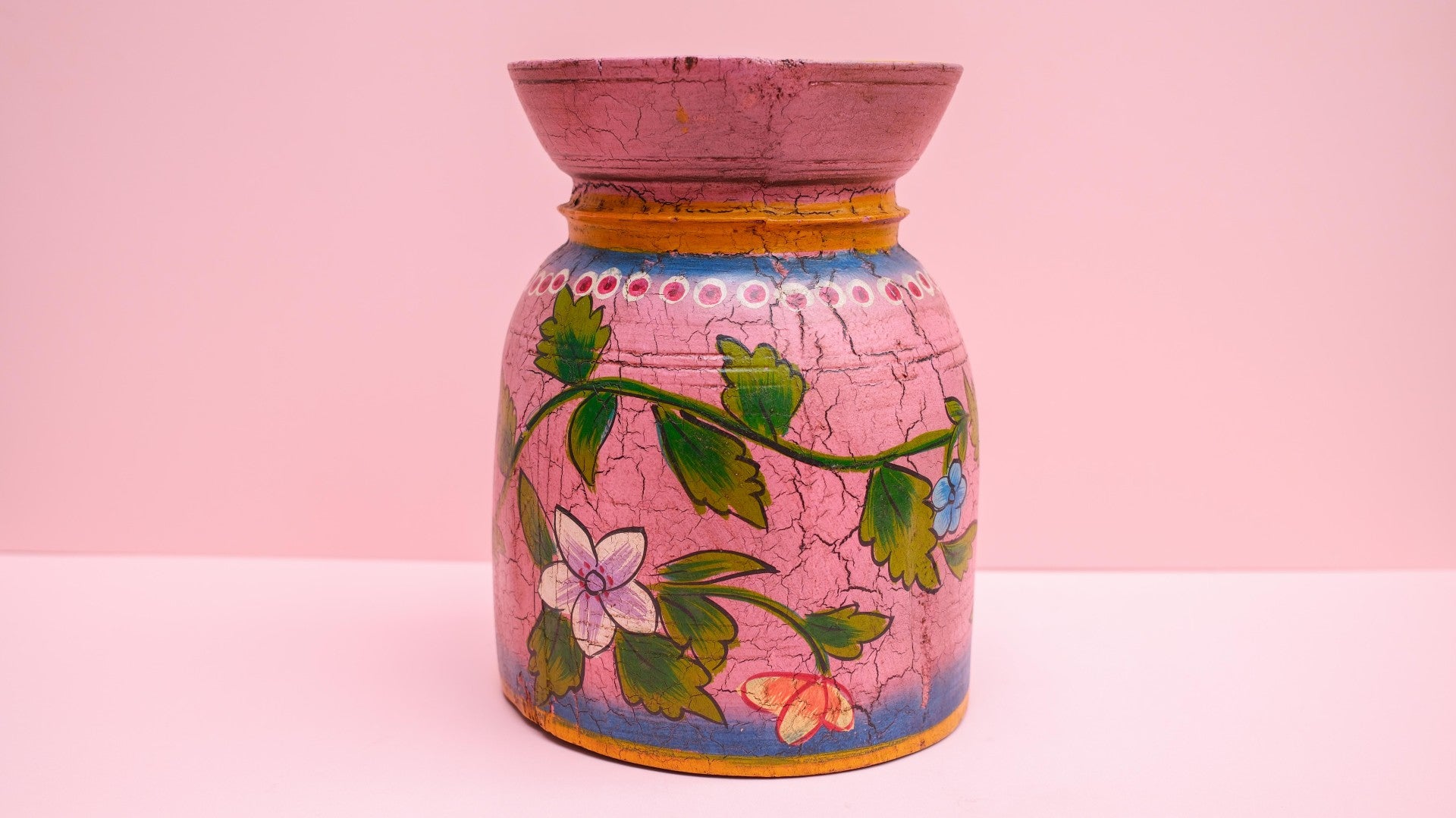 Hand-Painted Pink Indian Wooden Pot – Boho Folk Art Vase