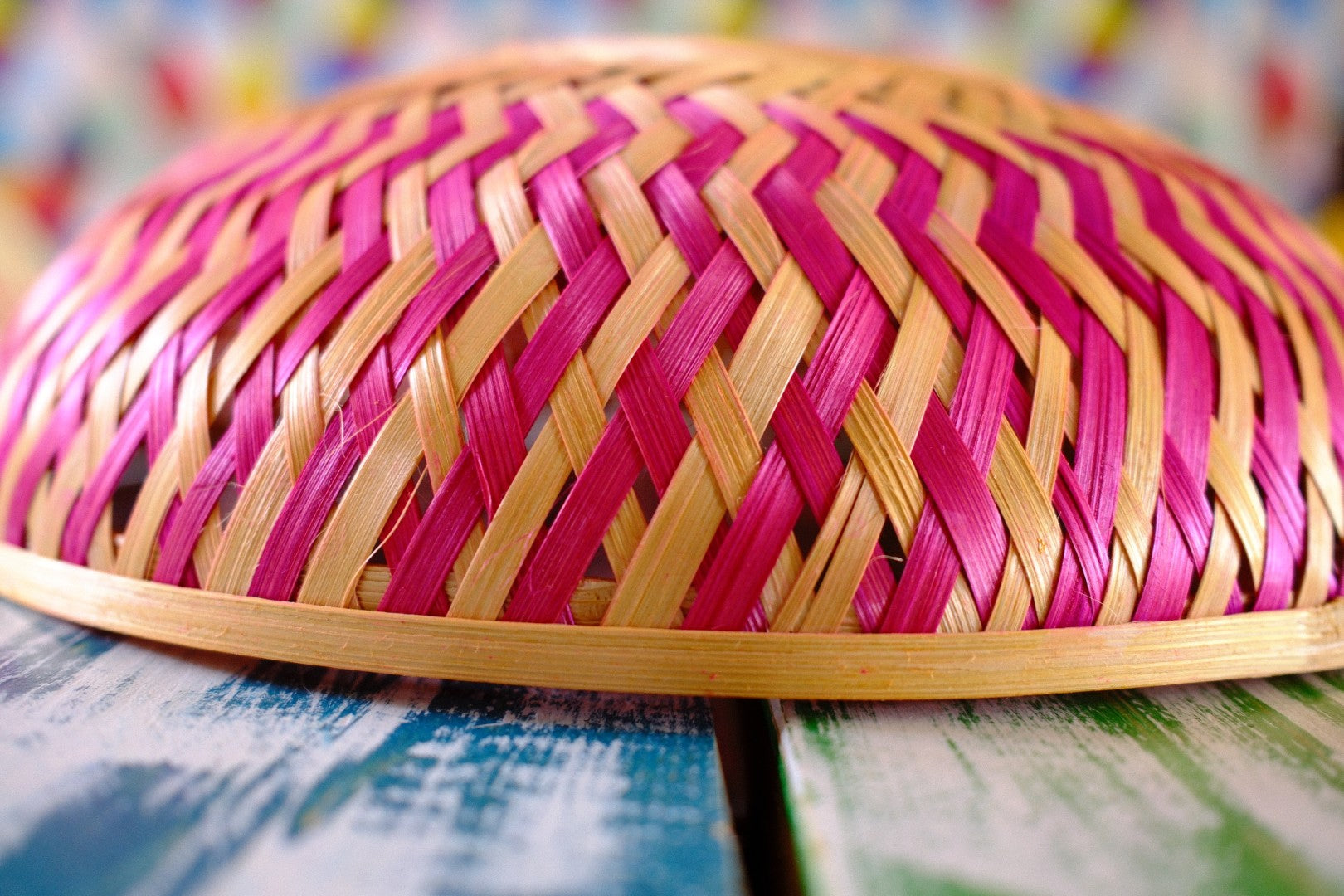 Woven pink bamboo basket