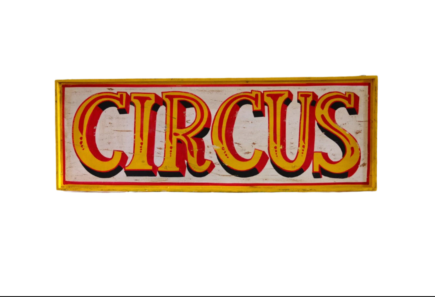 Rustic wooden  fairground sign with 'CIRCUS' text on a colorful geometric-patterned wall.