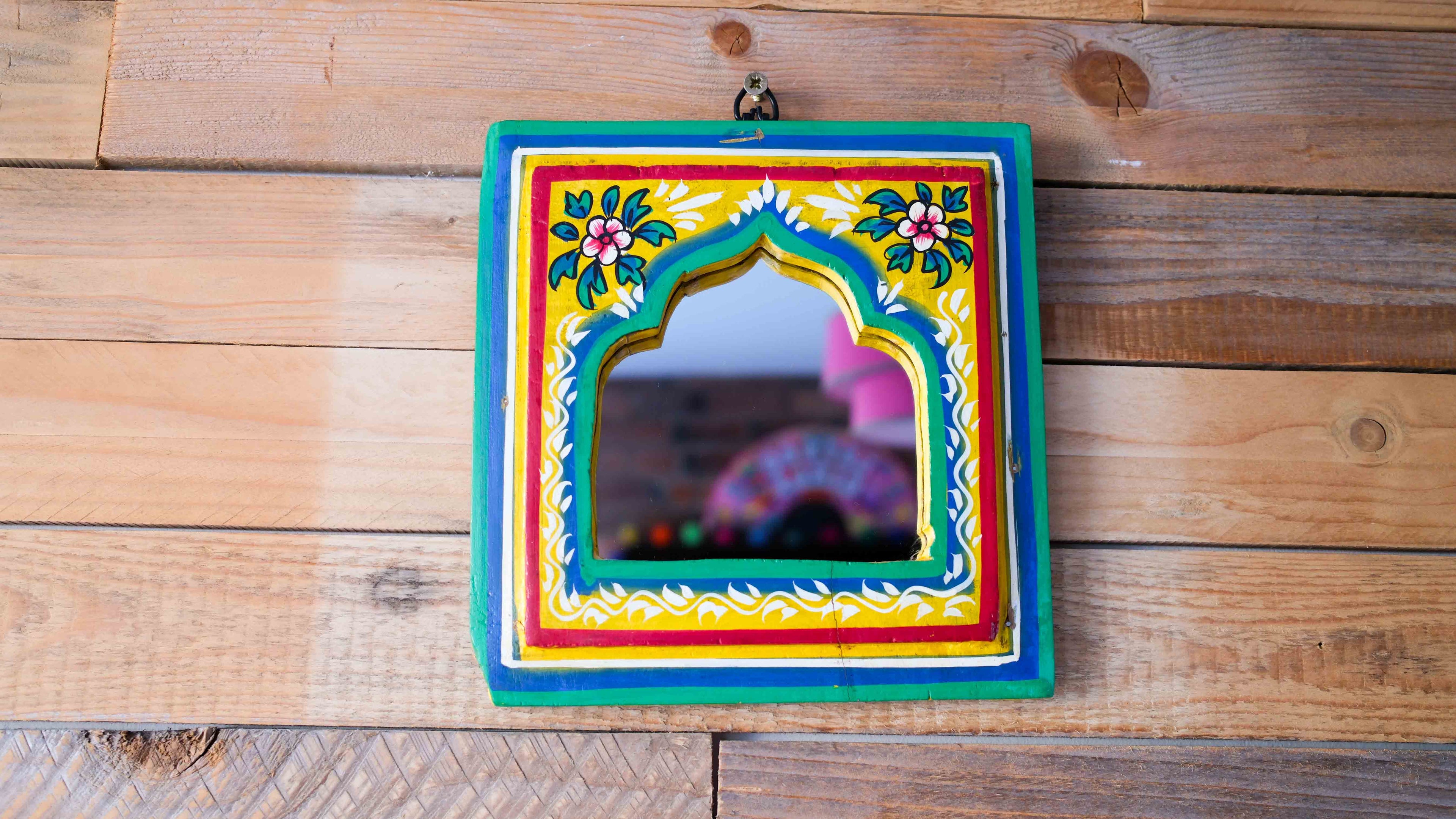 Hand-Painted Indian Arch Mirror – Colourful Boho Wooden Wall Mirror