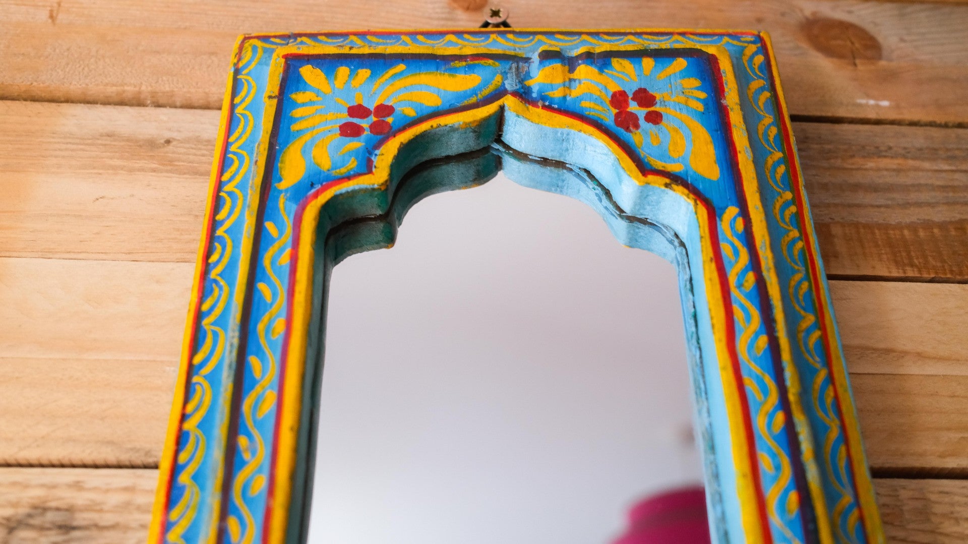 Small Hand-Painted Blue Indian Mirror – Boho Wall Art