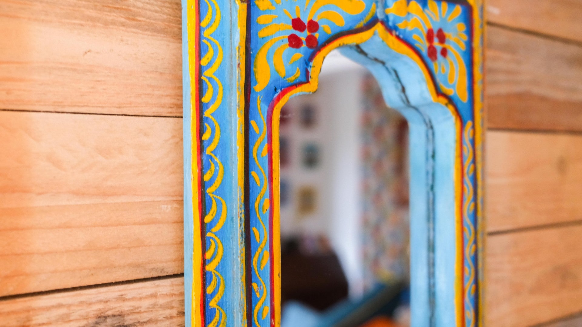 Small Hand-Painted Blue Indian Mirror – Boho Wall Art