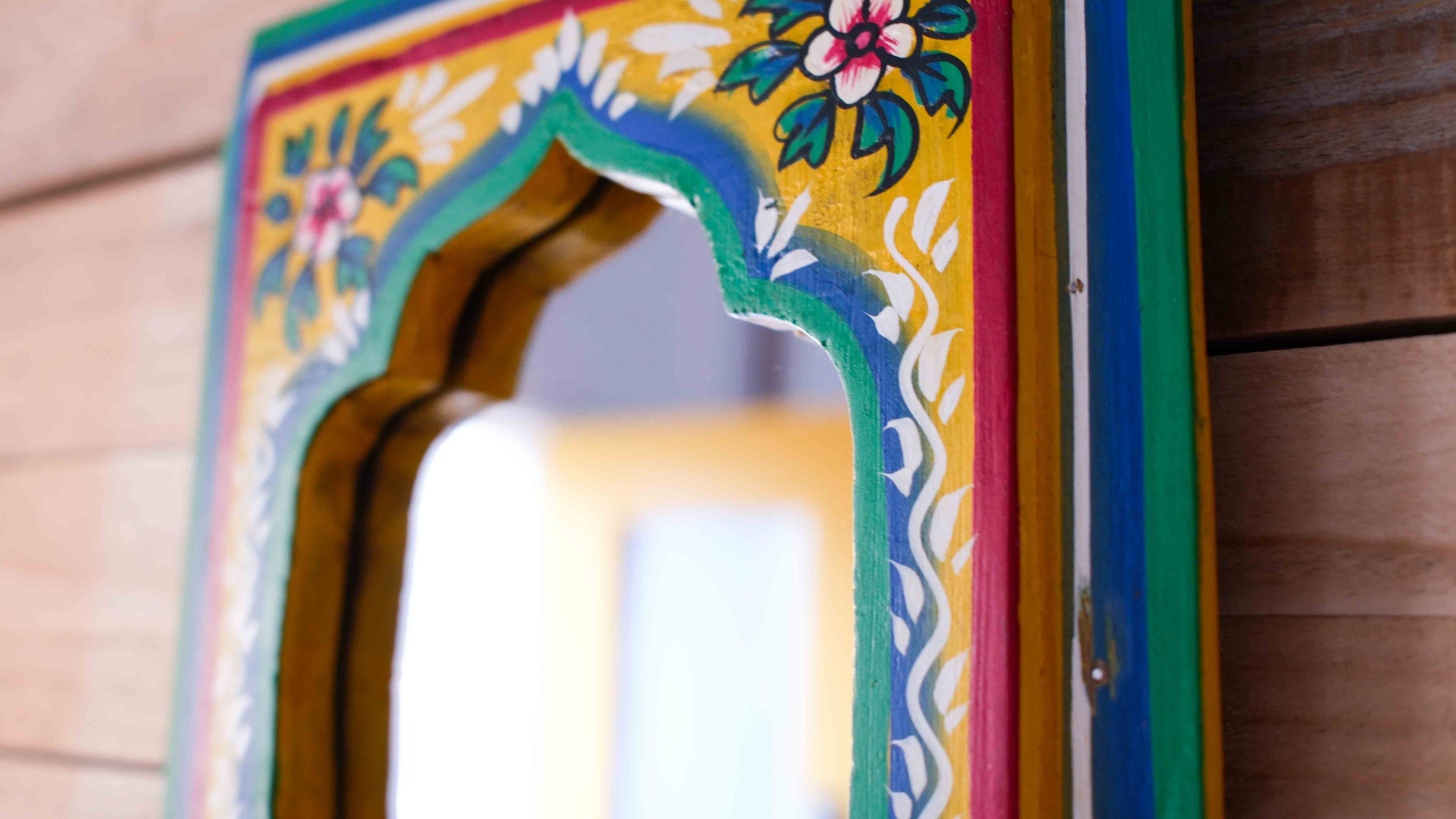Hand-Painted Indian Arch Mirror – Colourful Boho Wooden Wall Mirror