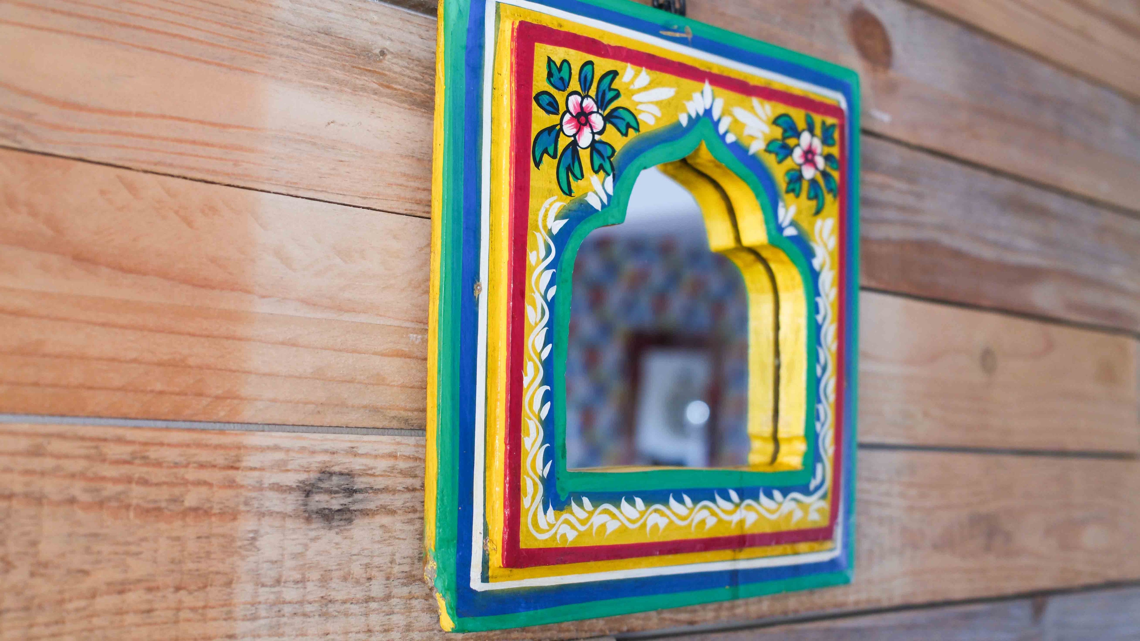Hand-Painted Indian Arch Mirror – Colourful Boho Wooden Wall Mirror