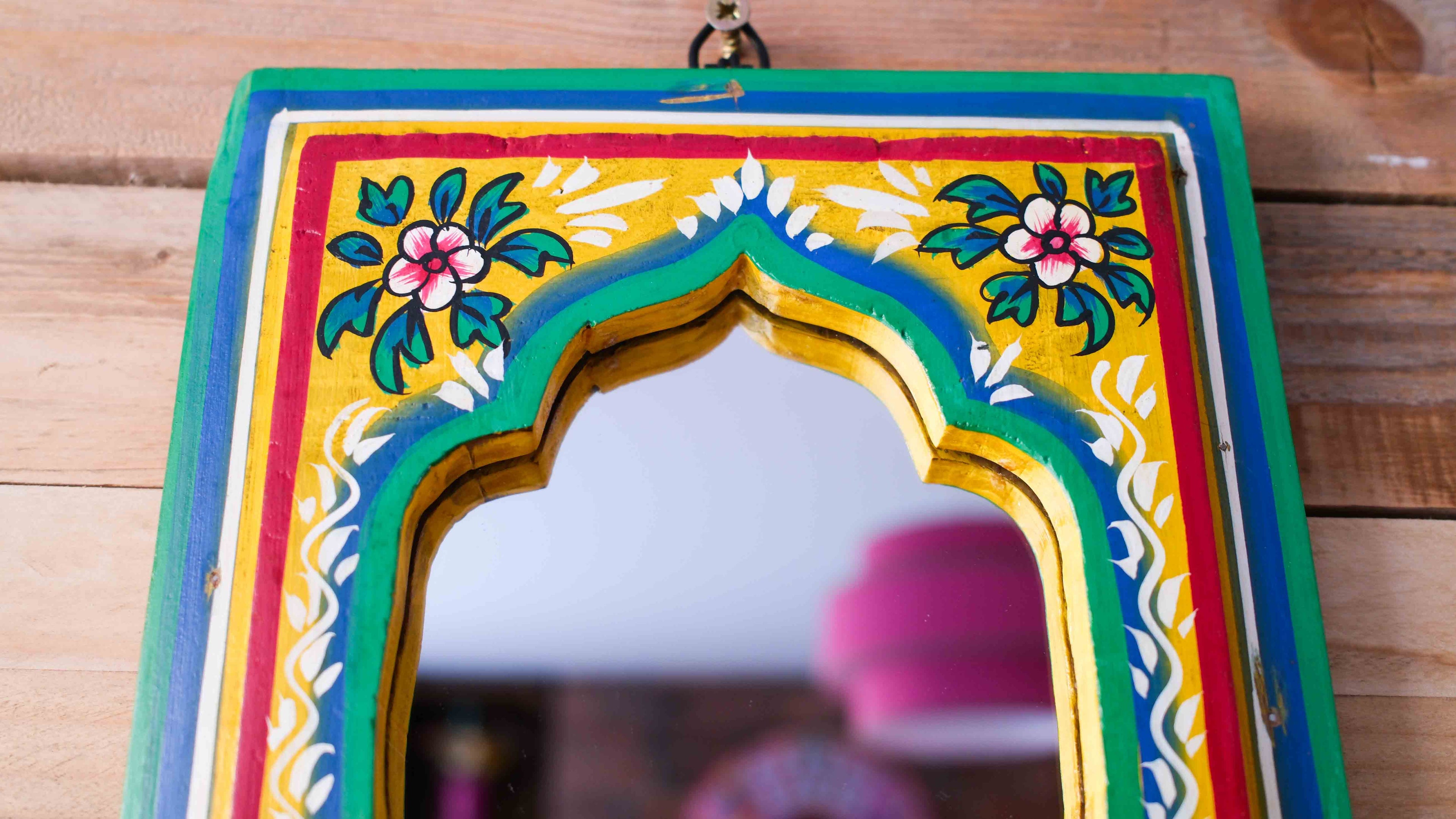 Hand-Painted Indian Arch Mirror – Colourful Boho Wooden Wall Mirror
