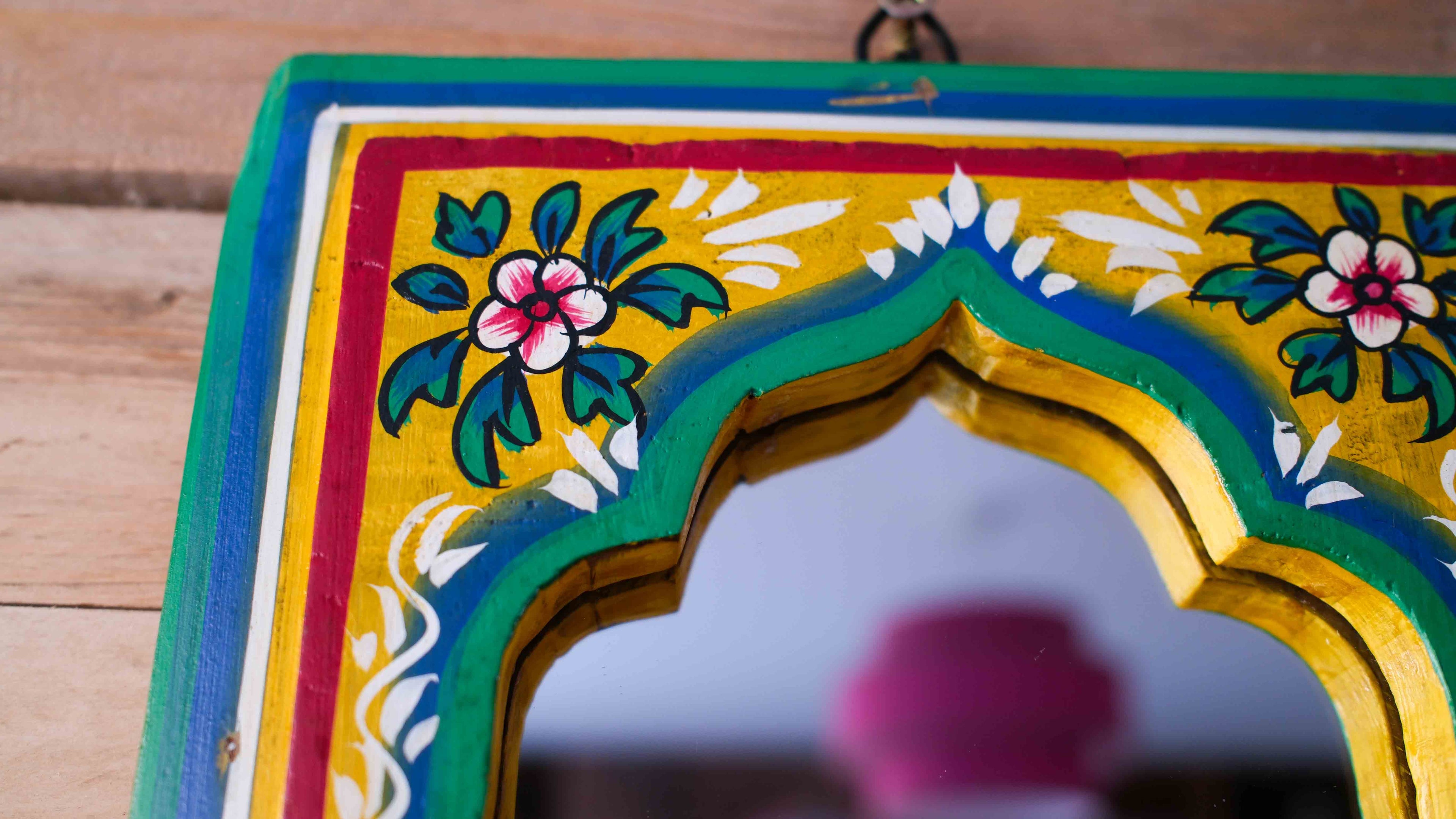 Hand-Painted Indian Arch Mirror – Colourful Boho Wooden Wall Mirror