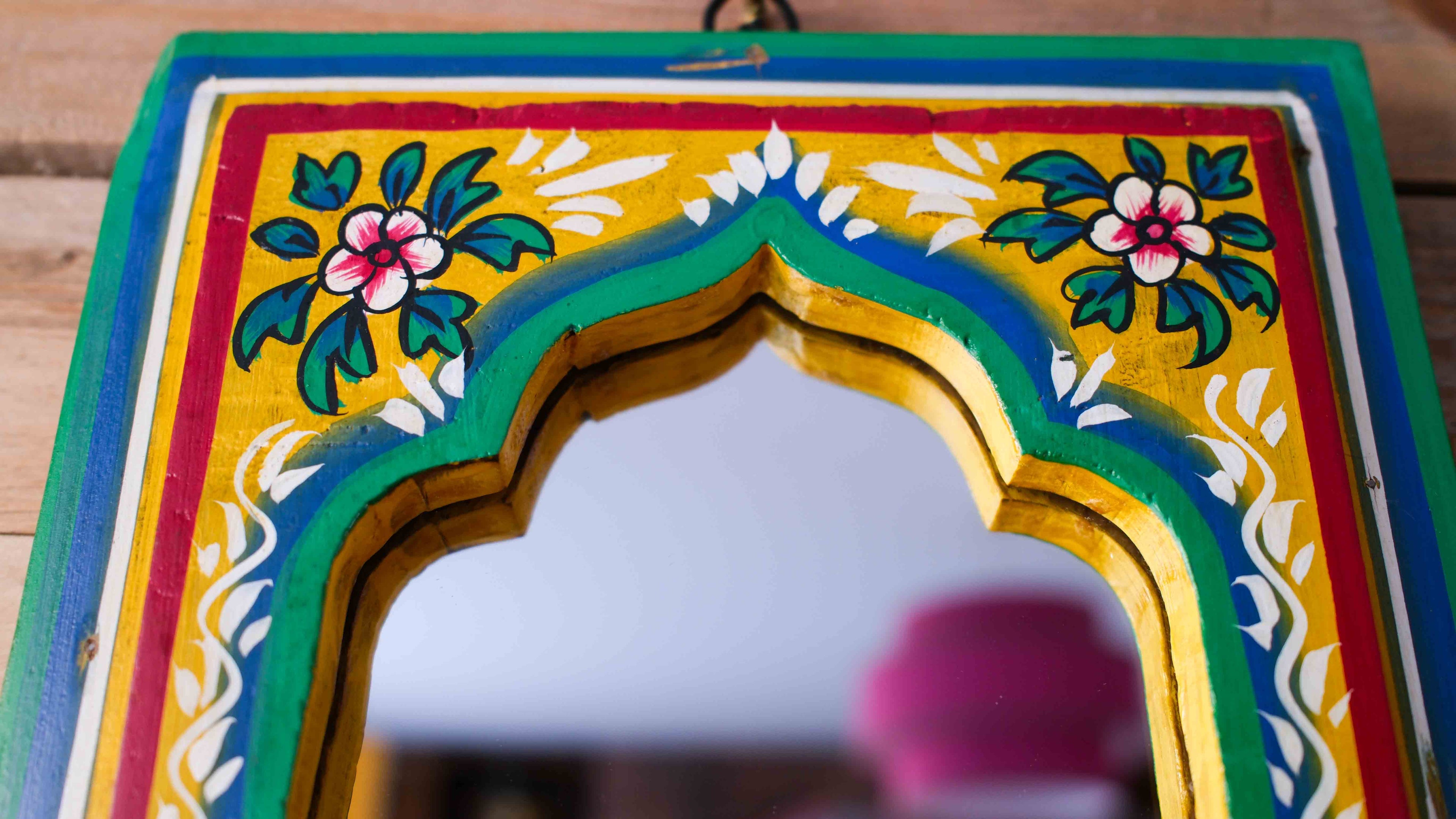 Hand-Painted Indian Arch Mirror – Colourful Boho Wooden Wall Mirror