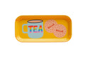 Yellow tea tray with a mug labeled 'TEA' and two biscuit shapes on a WHITE background