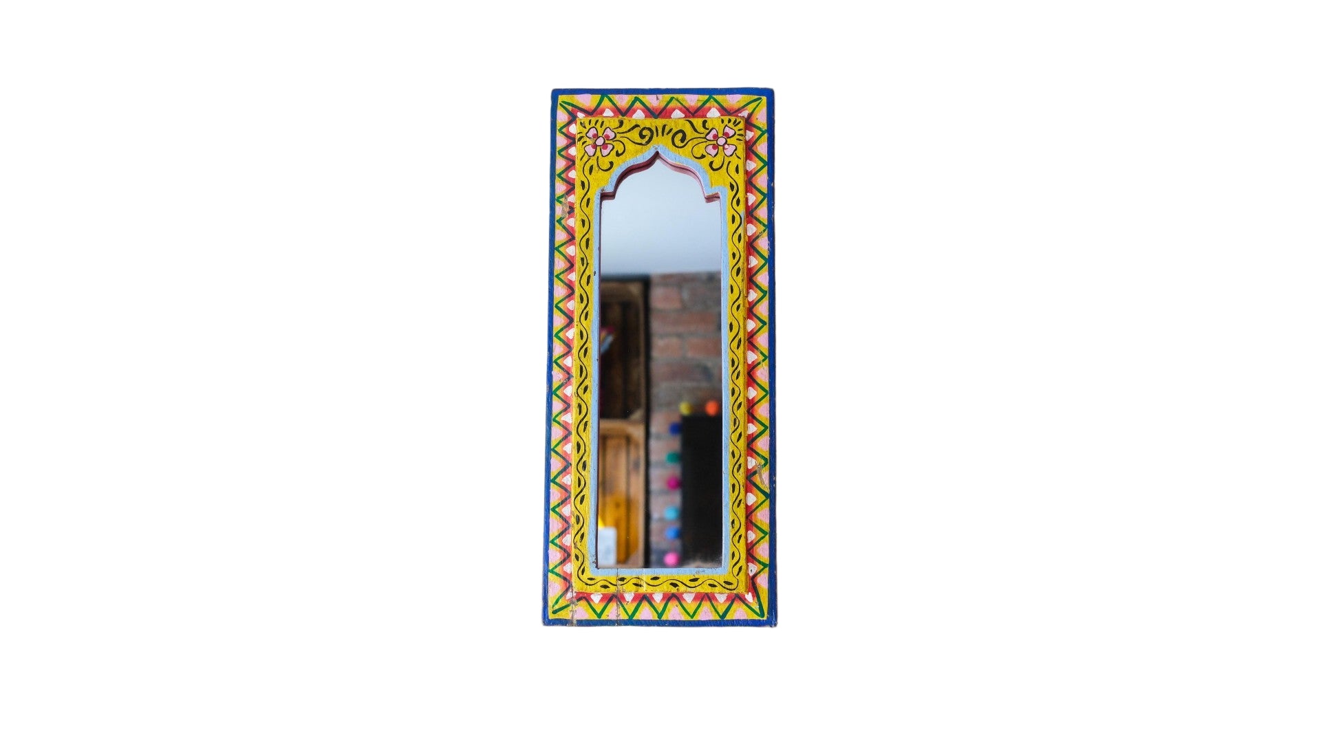 Decorative mirror with a colorful frame on a white background