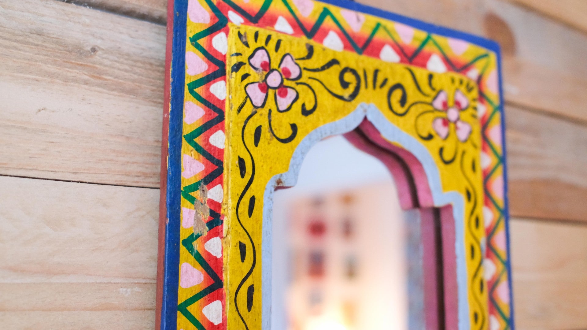 Large Hand-Painted yellow Indian Panel Mirror – Colourful Boho Wall Décor
