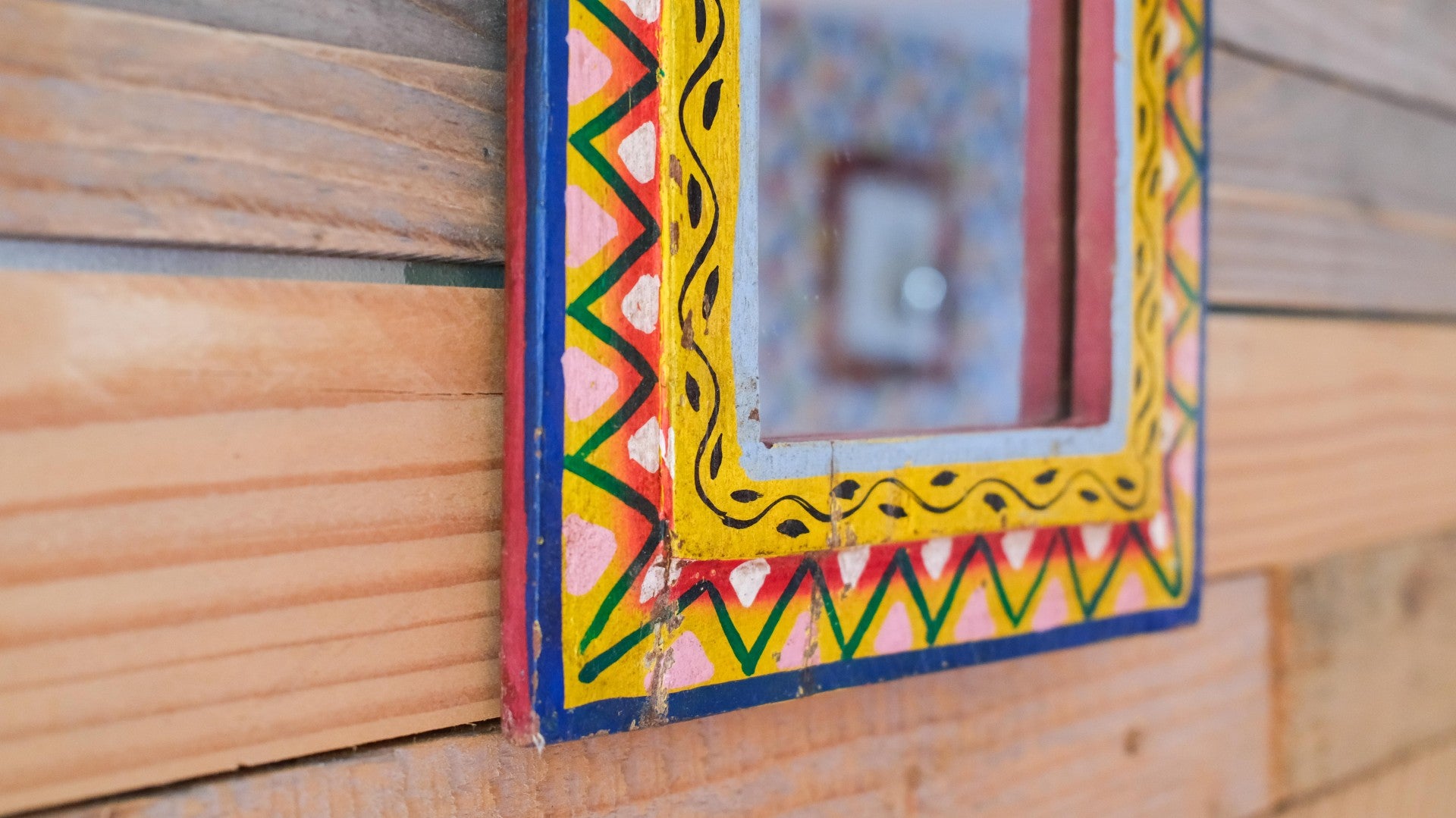 Large Hand-Painted yellow Indian Panel Mirror – Colourful Boho Wall Décor