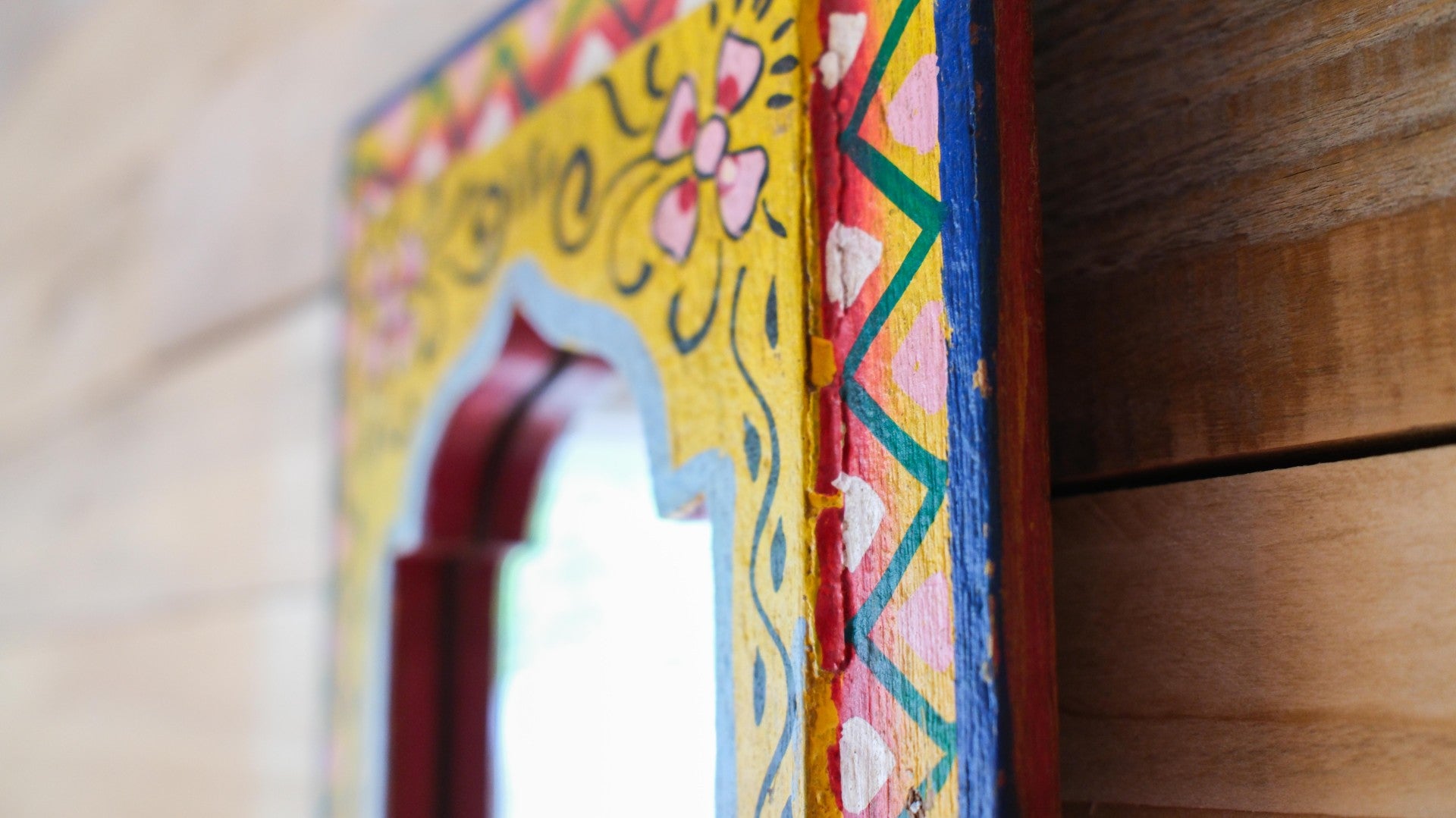 Large Hand-Painted yellow Indian Panel Mirror – Colourful Boho Wall Décor