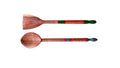 Two wooden spoons with colorful handles on a pink background