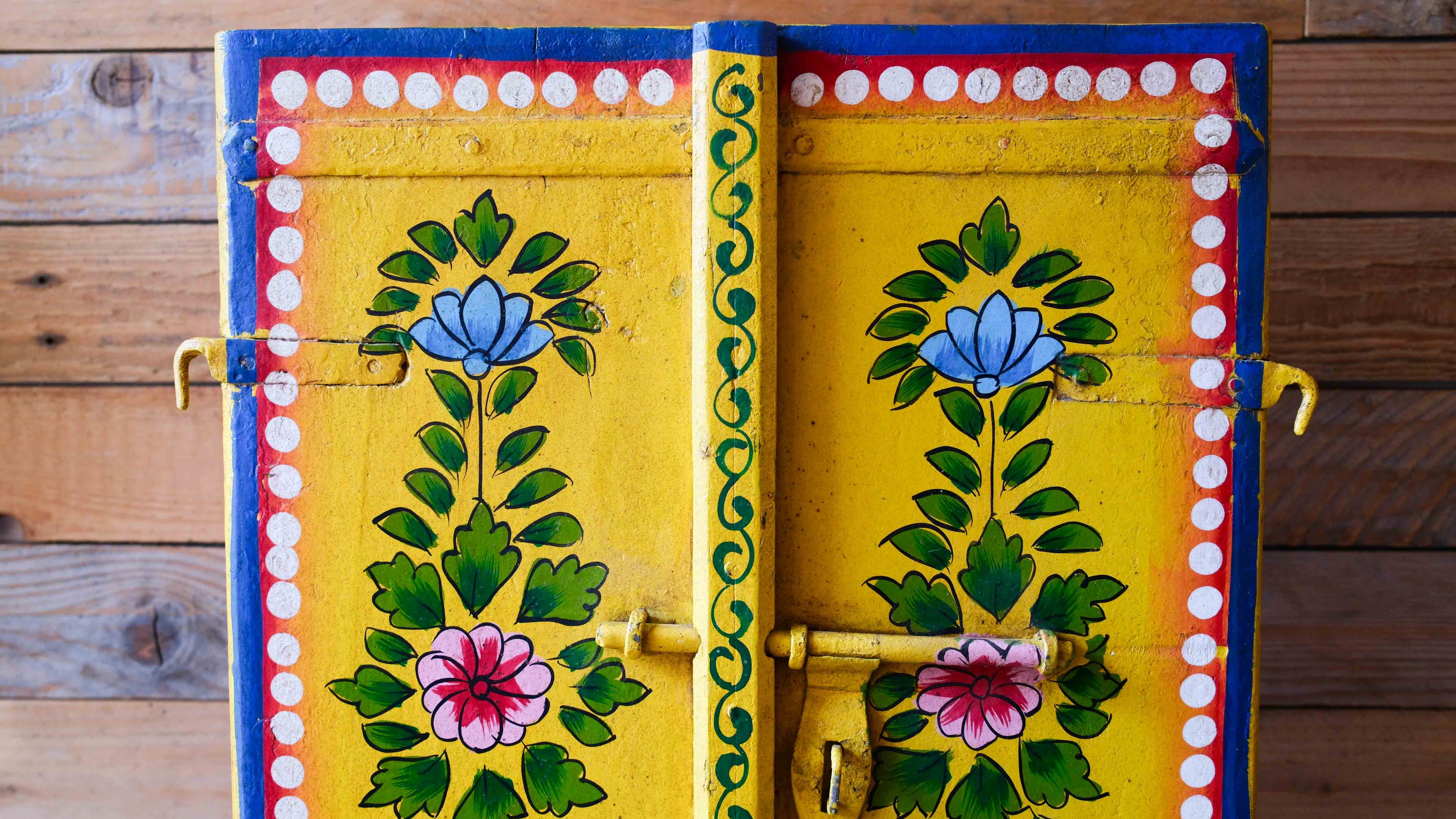 Hand Painted Indian Wooden Window Panel – Yellow Floral