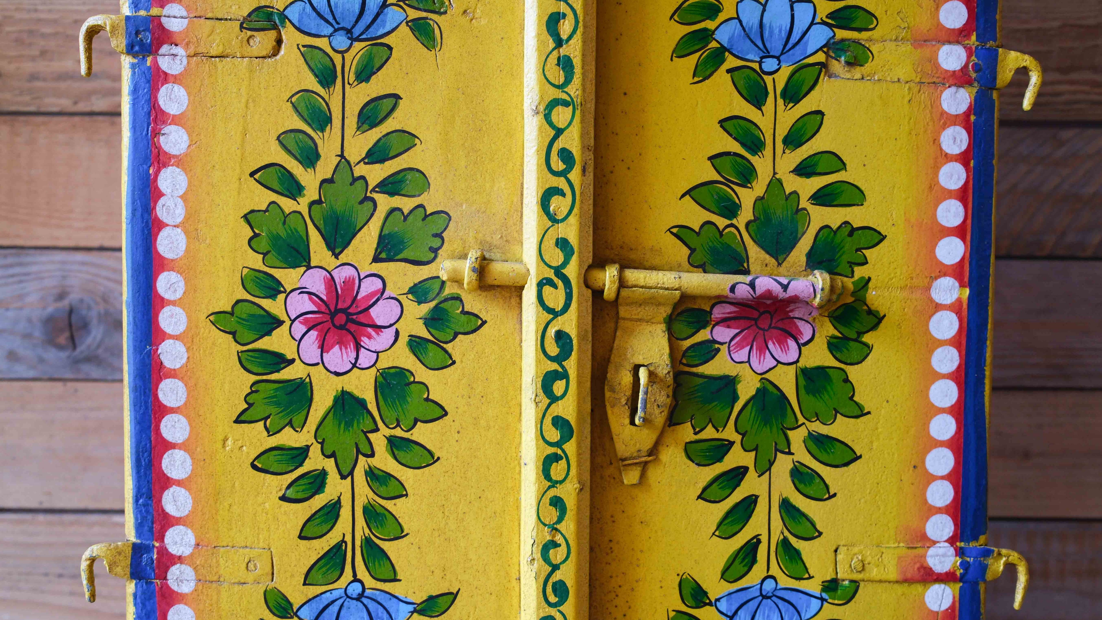 Hand Painted Indian Wooden Window Panel – Yellow Floral