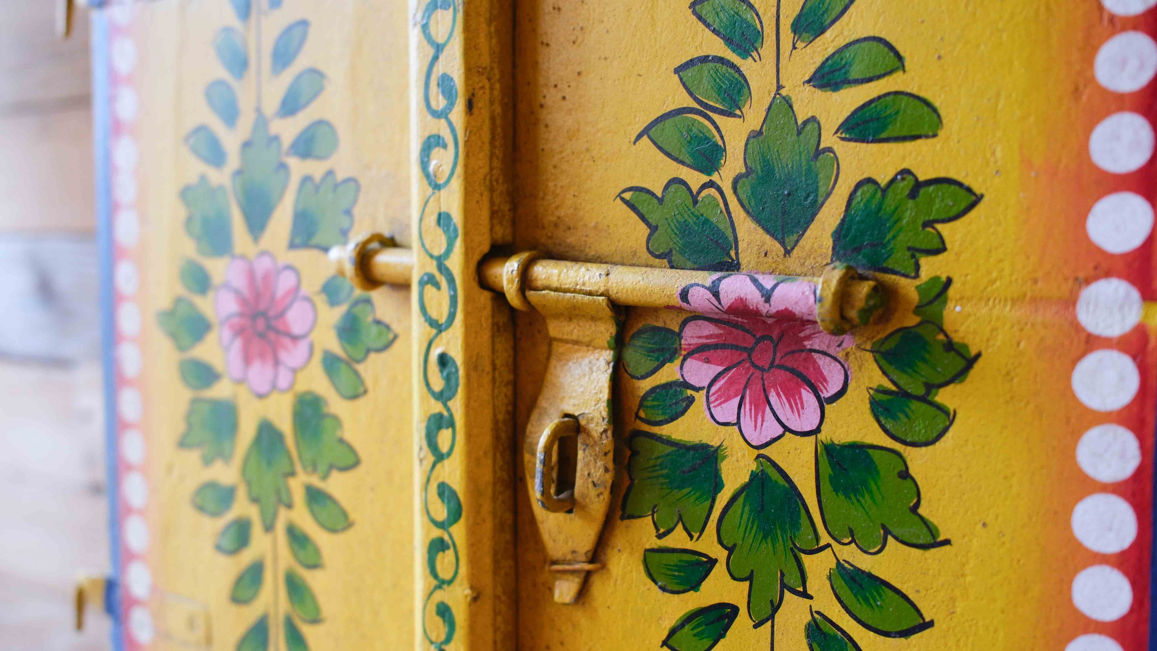 Hand Painted Indian Wooden Window Panel – Yellow Floral