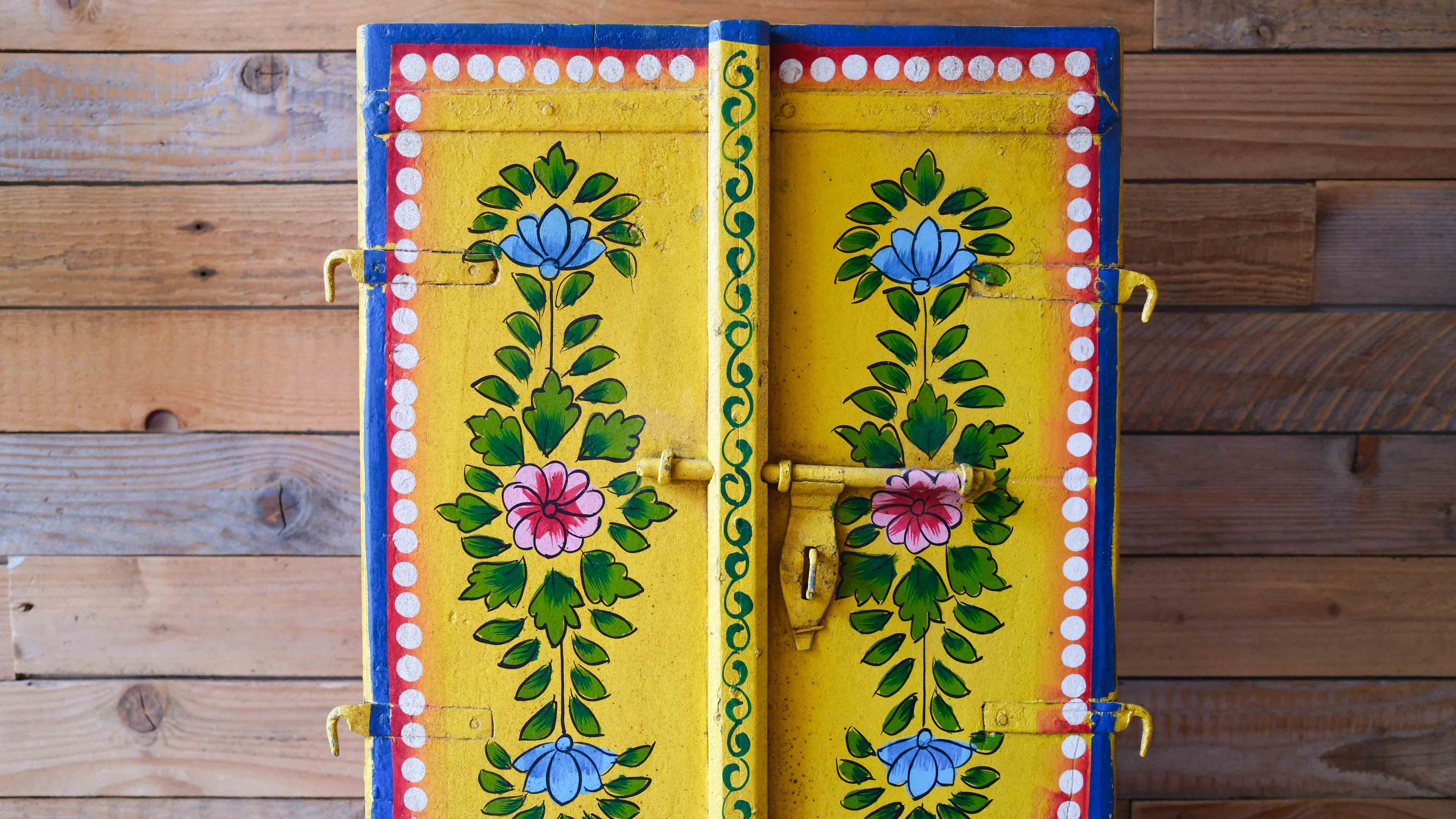 Hand Painted Indian Wooden Window Panel – Yellow Floral
