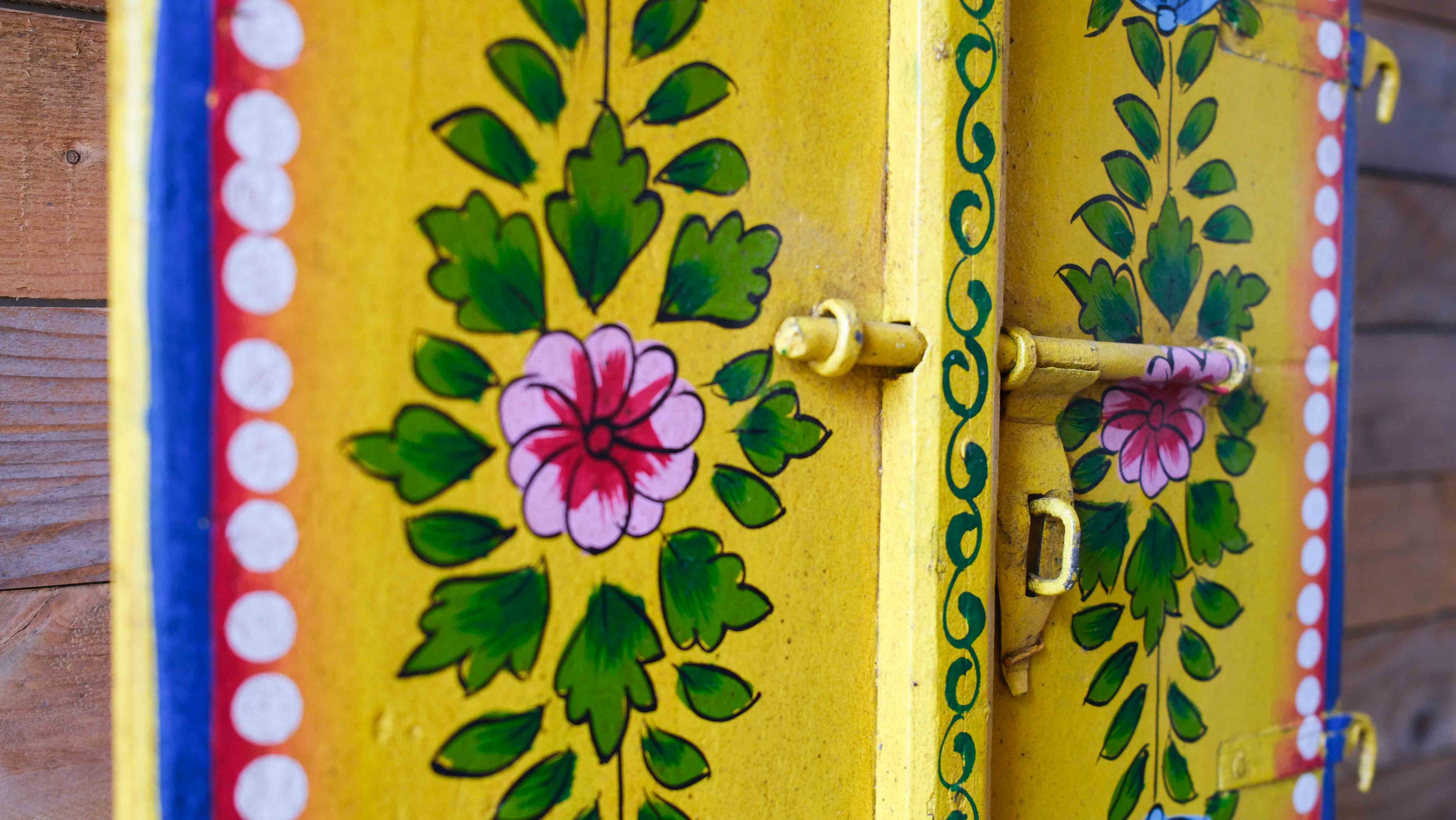 Hand Painted Indian Wooden Window Panel – Yellow Floral