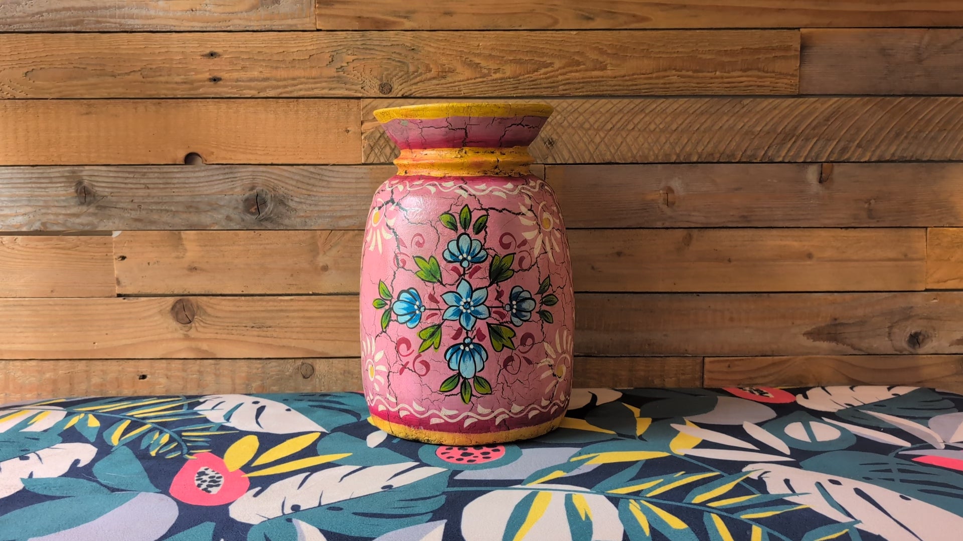 Hand-Painted Pink Large Indian Wooden Pot – Boho Folk Art Vase